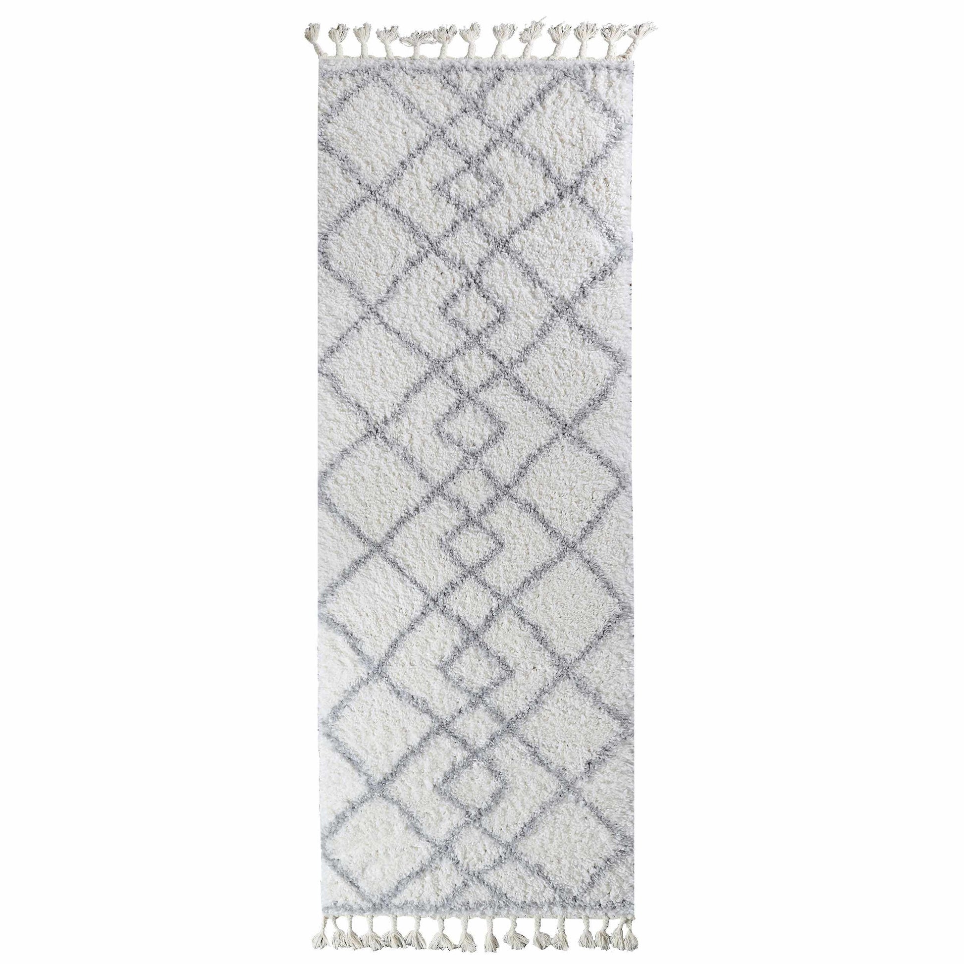 Superior Boho Geometric Diamonds Indoor Plush Shag Area Rug with Tassels - Grey-Cream