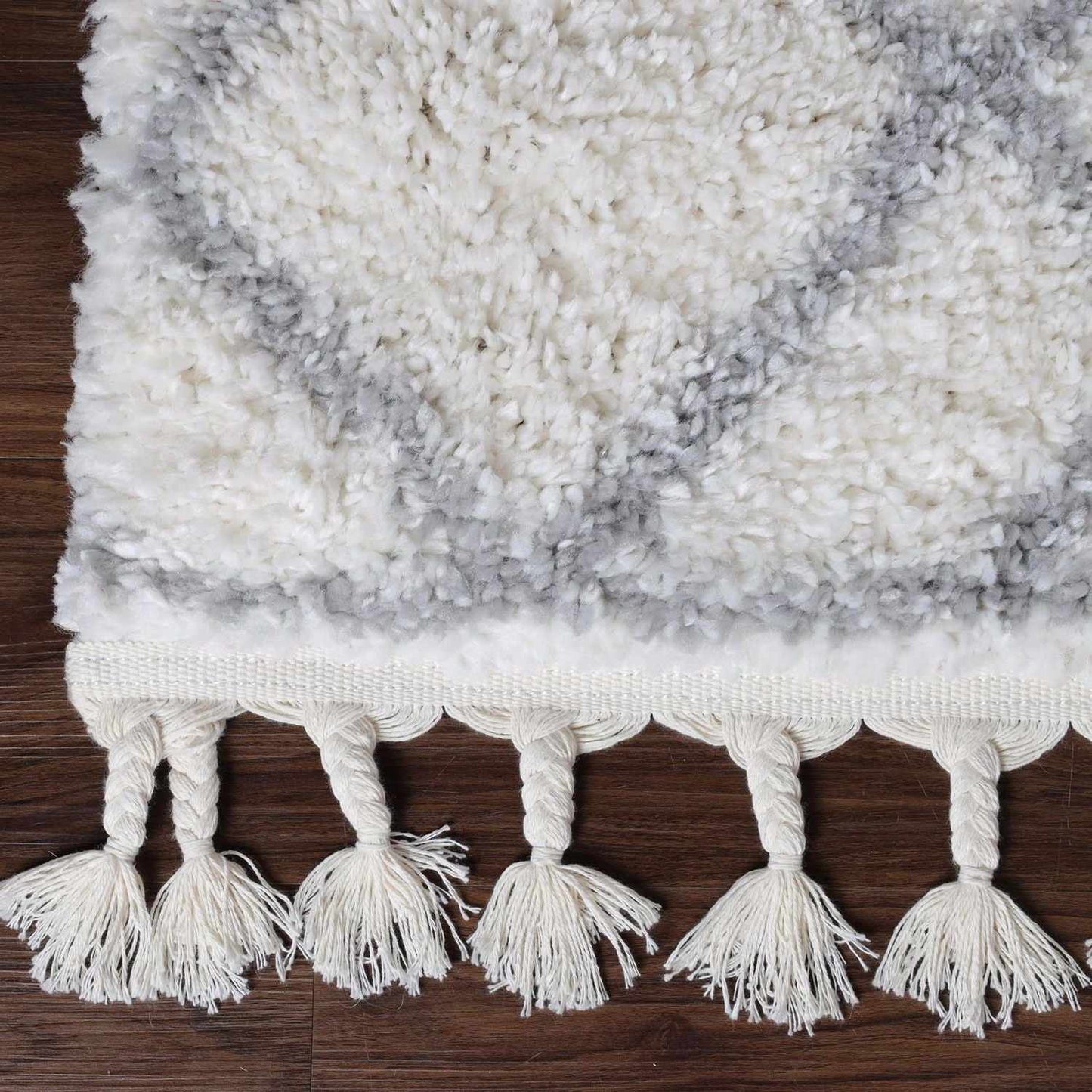 Superior Boho Geometric Diamonds Indoor Plush Shag Area Rug with Tassels - Grey-Cream