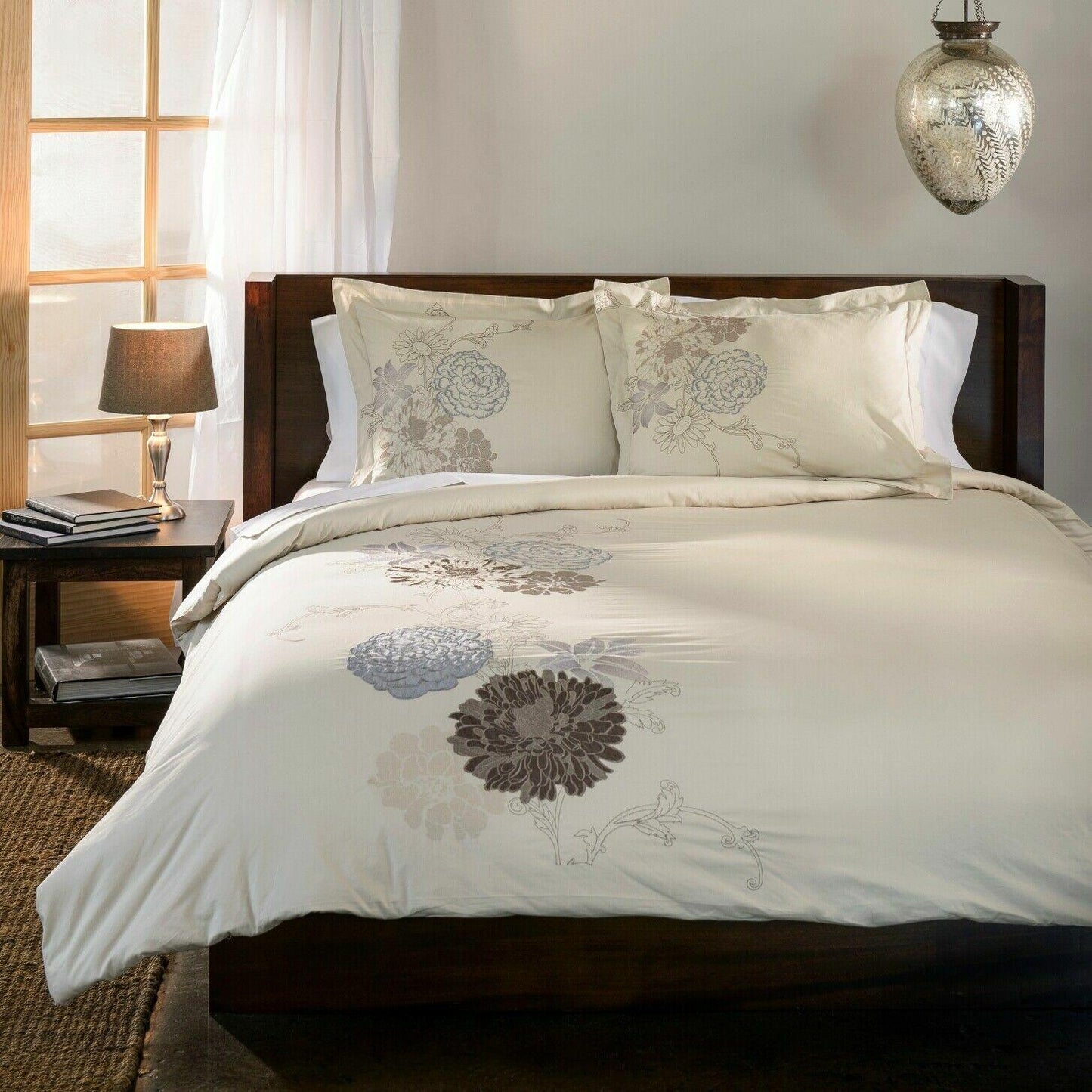 200 Thread Count Cotton Embroidered Floral 3 Piece Duvet Cover Set