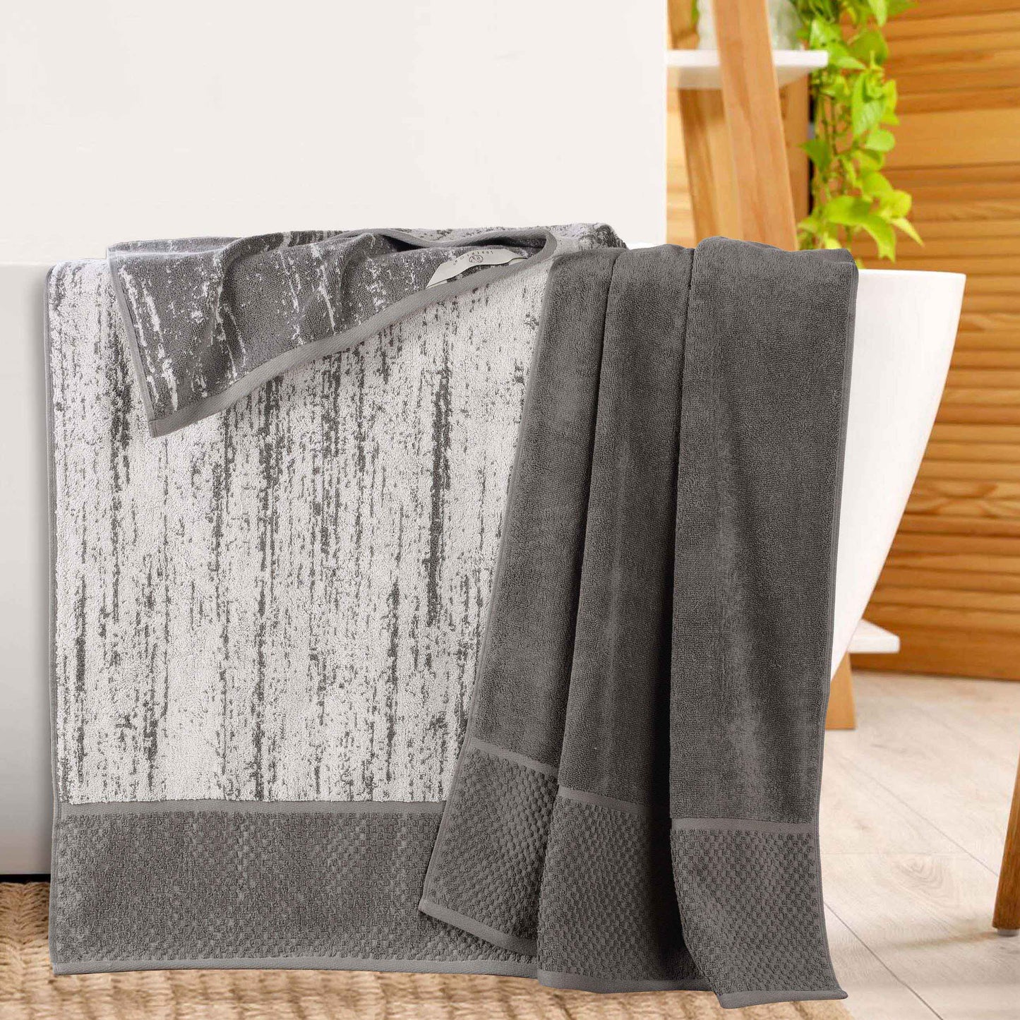 Lodie Cotton Jacquard Solid and Two-Toned Bath Sheet - Charcoal-Ivory