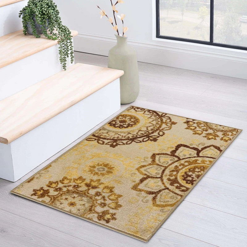 Liena Floral Medallion Non-Slip Washable Area Rug or Runner - Cream