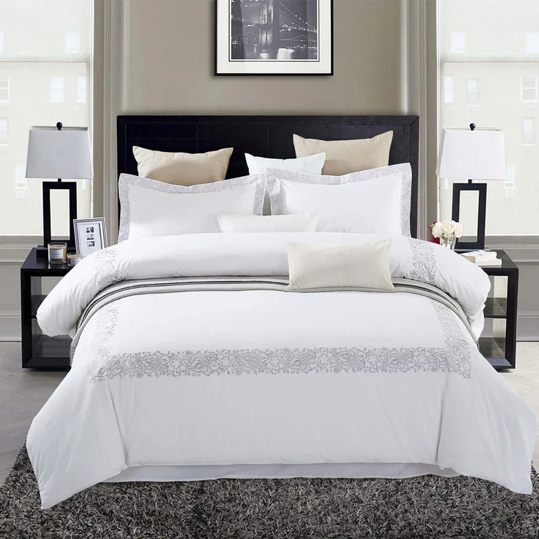 Moon Lawn Embroidered Cotton Duvet Cover Set - White