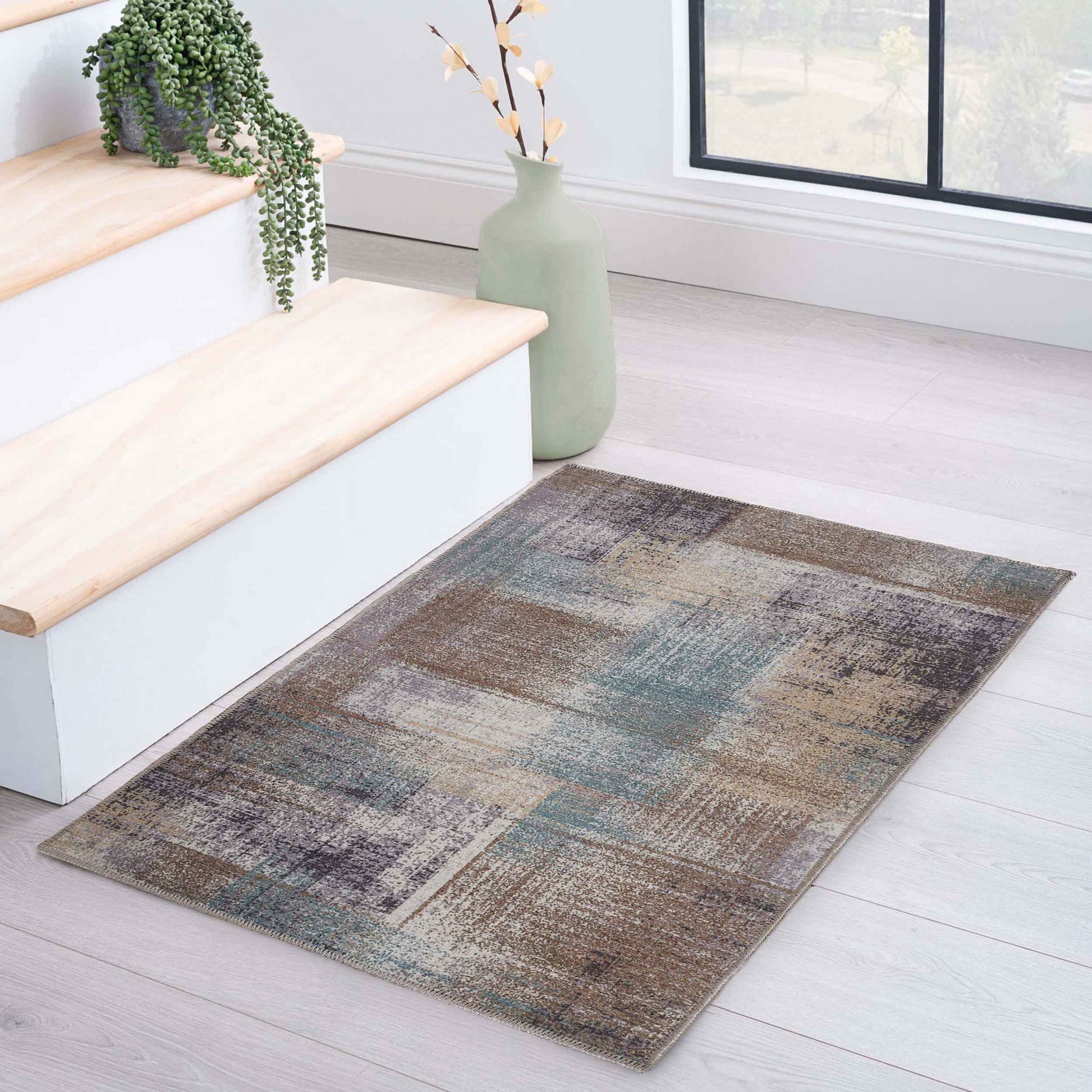 Ara Brushed Patchwork Non-Slip Washable Indoor Area Rug or Runner - Taupe