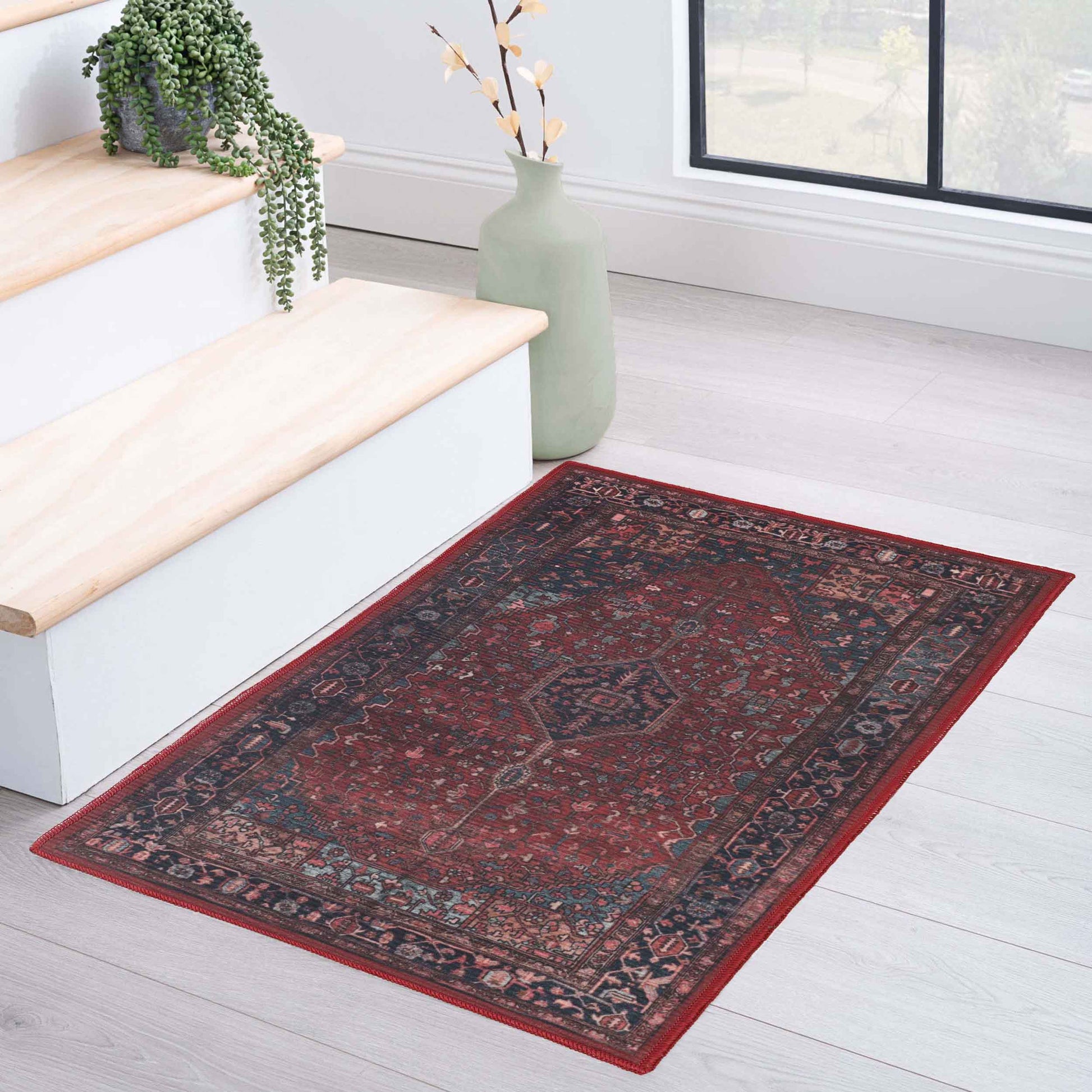 Cardinal Floral Medallion Machine Washable Indoor Area Rug or Runner
