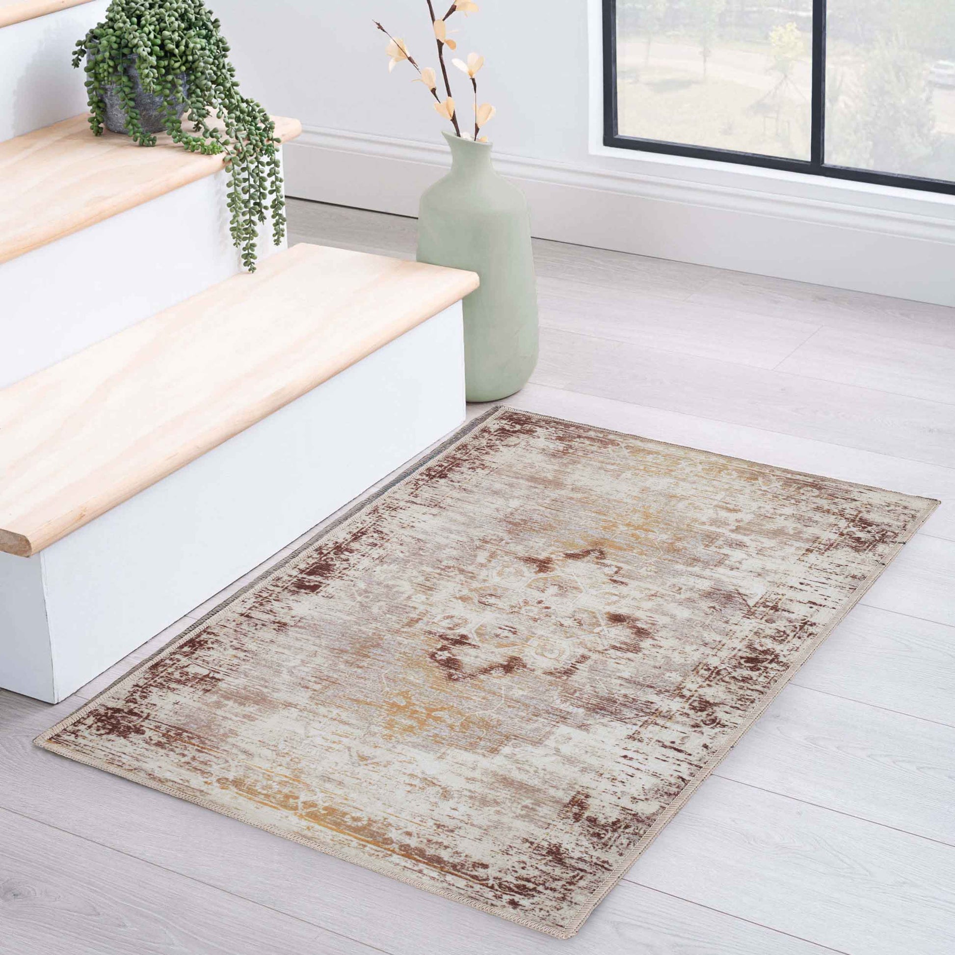 Dove Faded Medallion Machine Washable Indoor Area Rug or Runner Rug