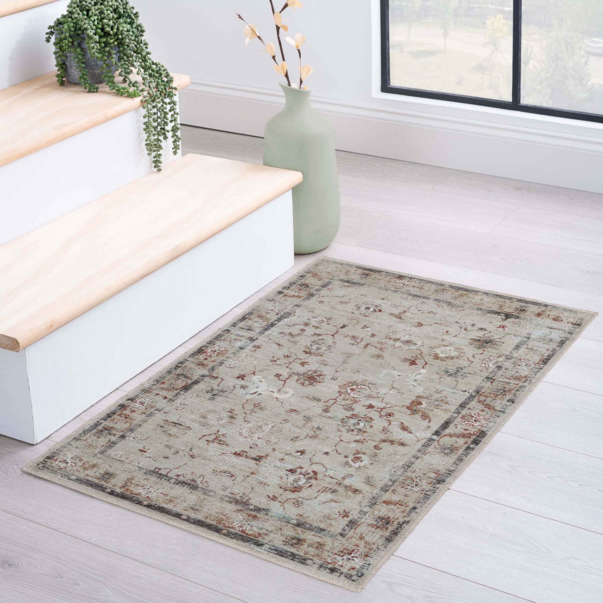 Swan Floral Scroll Non-Slip Machine Washable Indoor Area Rug or Runner