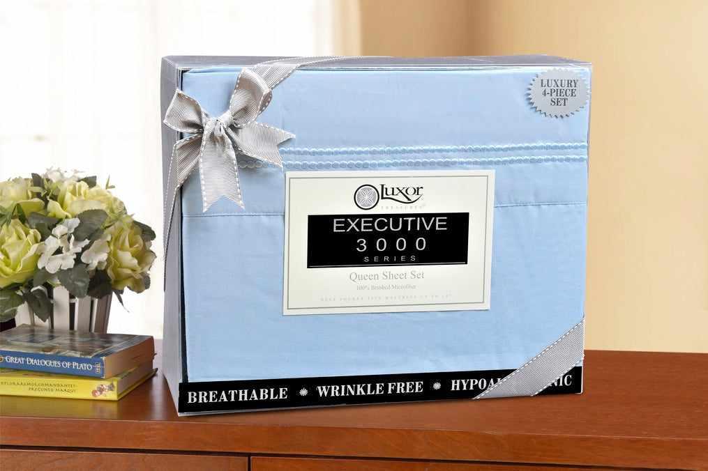 Superior 3000 Series Wrinkle Resistant 2 Line Embroidery Sheet Set - Light Blue