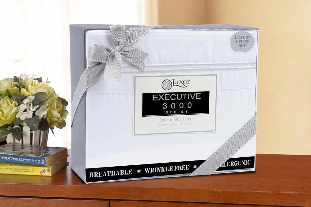 Superior 3000 Series Wrinkle Resistant 2 Line Embroidery Sheet Set - White