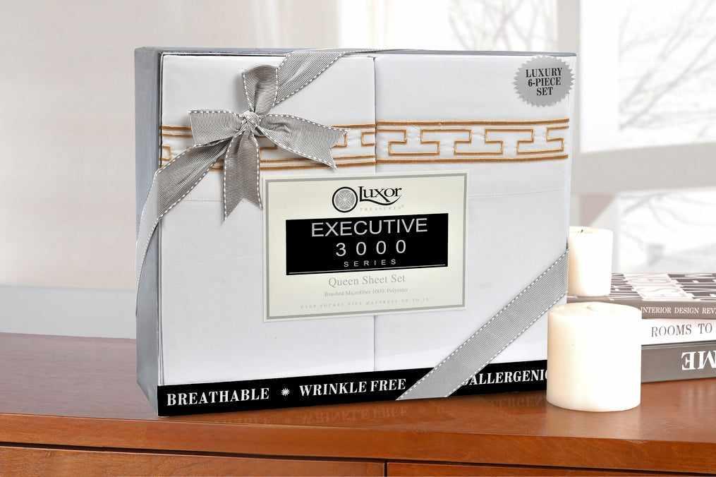 Superior 3000 Series Wrinkle Resistant Elegant Embroidered 6 Piece Sheet Set - White/Gold