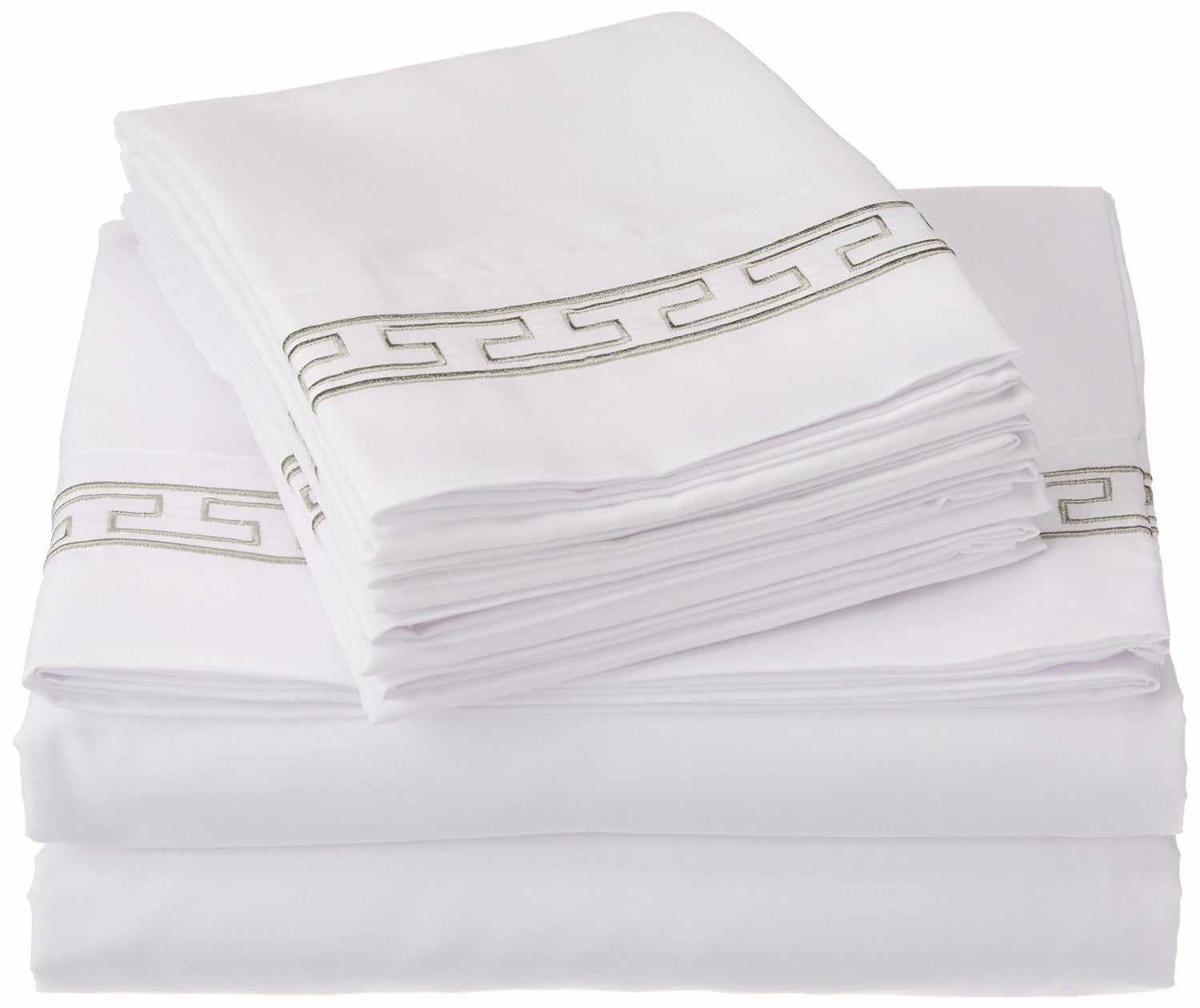 Superior 3000 Series Wrinkle Resistant Elegant Embroidered 6 Piece Sheet Set - White/Grey