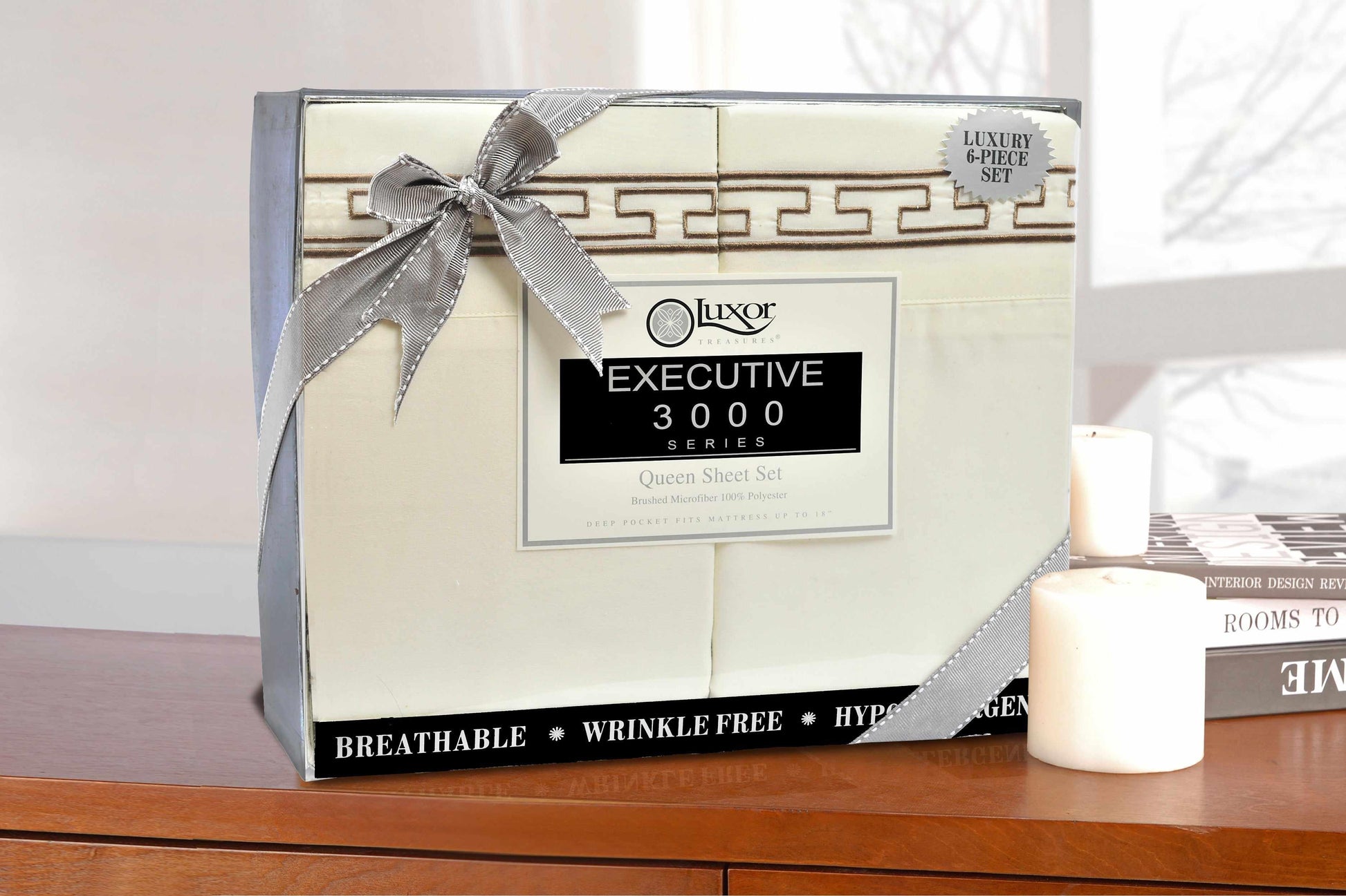 Superior 3000 Series Wrinkle Resistant Elegant Embroidered 6 Piece Sheet Set - Ivory/Taupe