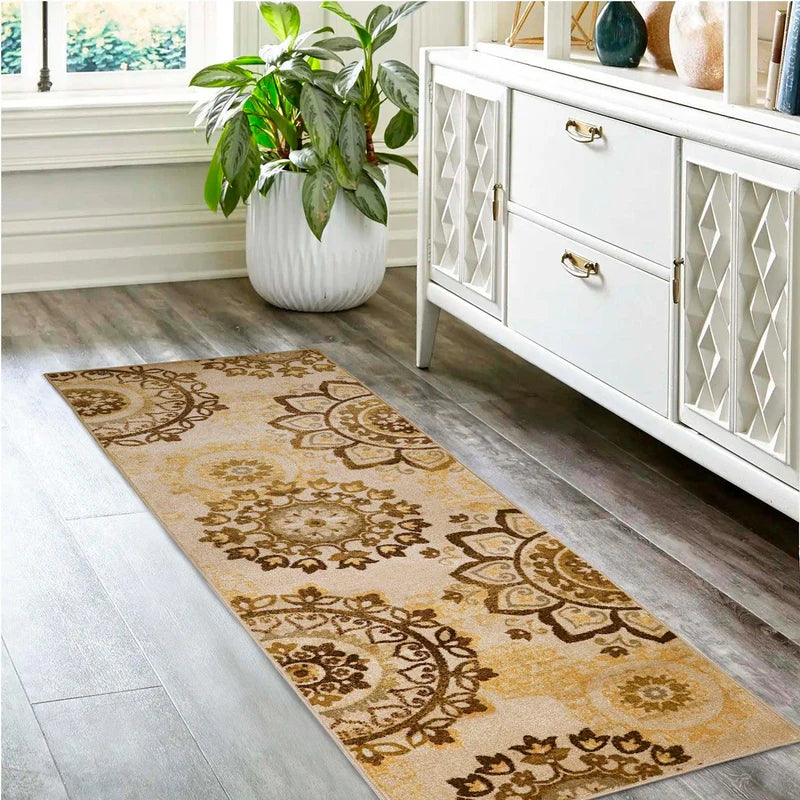 Liena Floral Medallion Non-Slip Washable Area Rug or Runner - Cream