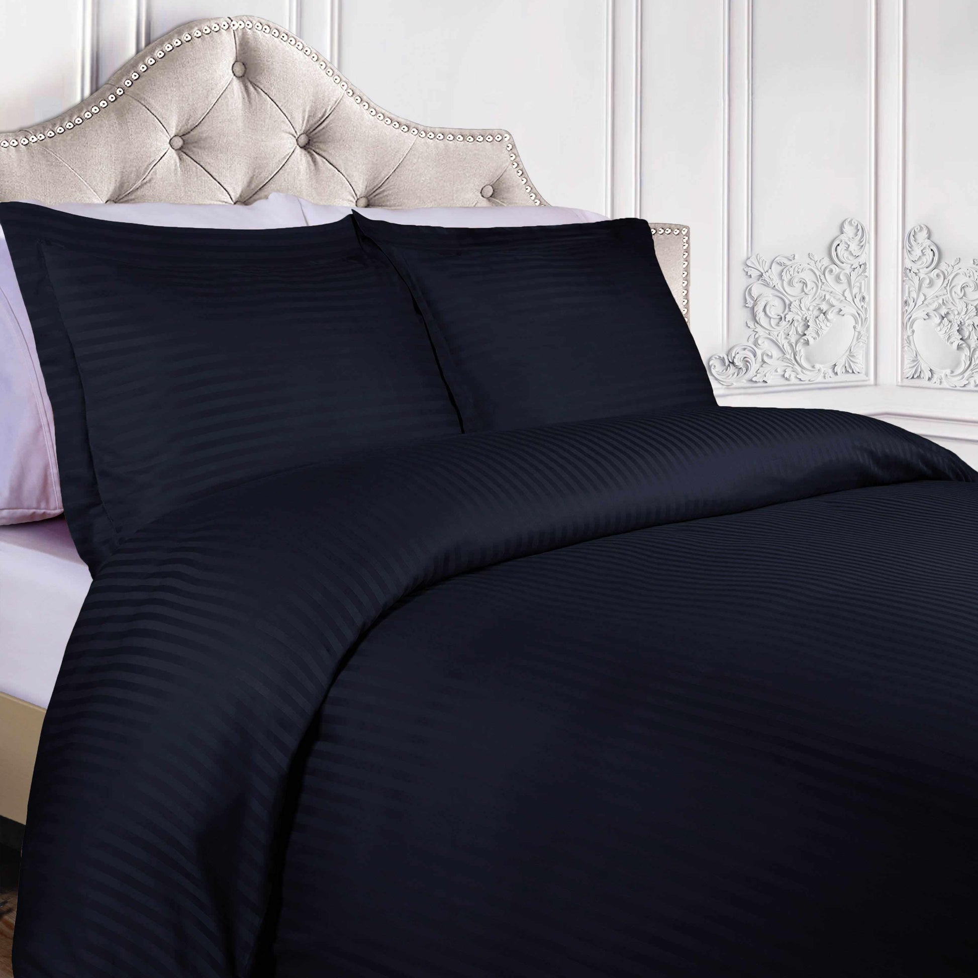 Superior 400 Thread Count Lightweight Stripe Egyptian Cotton Duvet Cover Set - Navy Blue