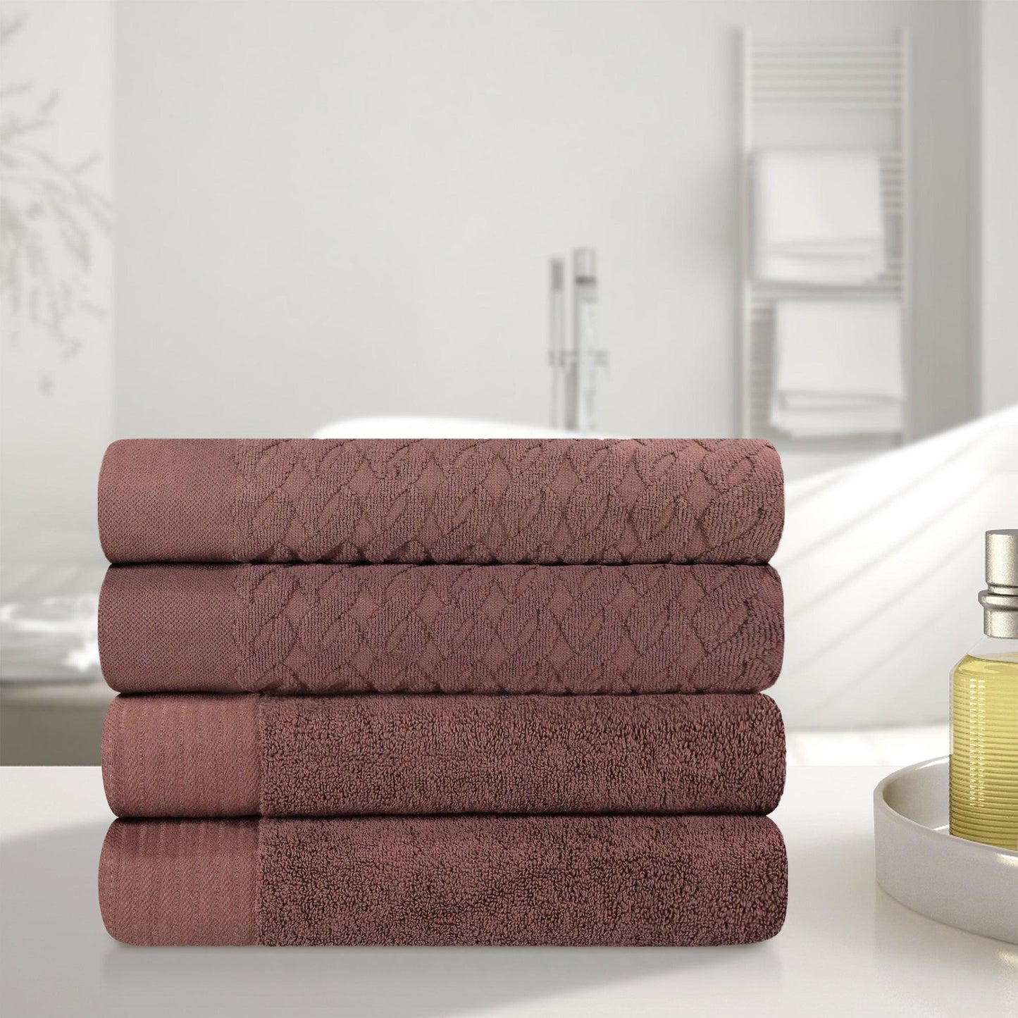 Premium Turkish Cotton Jacquard Herringbone and Solid 4-Piece Bath Towel Set - Chocolate