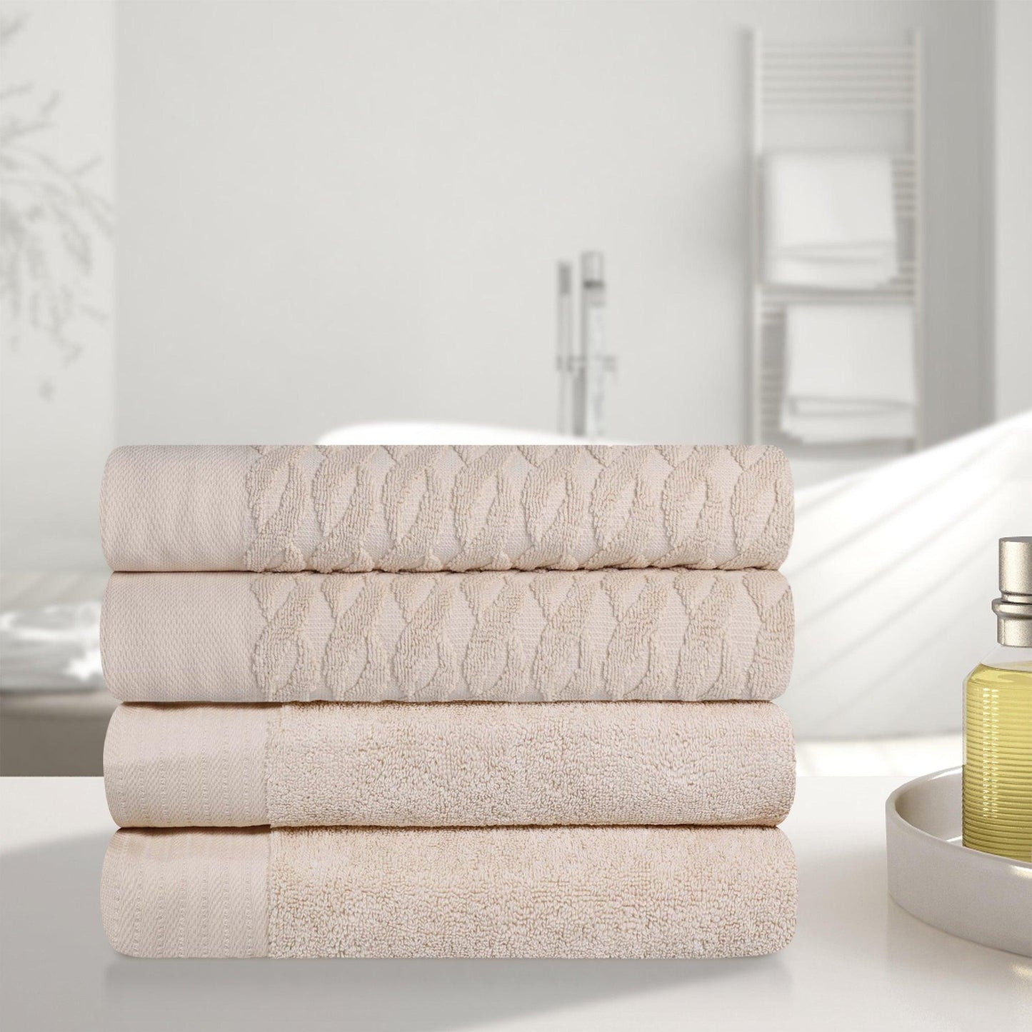 Premium Turkish Cotton Jacquard Herringbone and Solid 4-Piece Bath Towel Set - Ivory