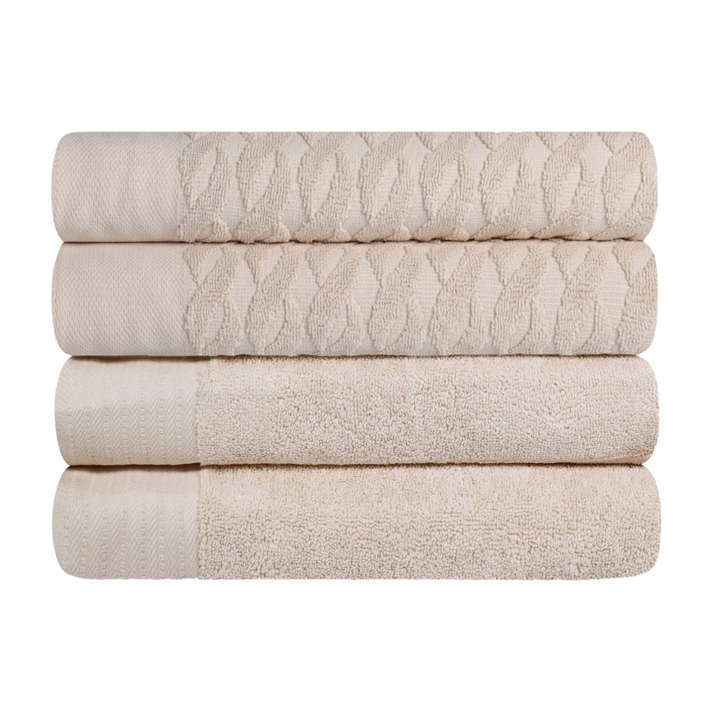 Premium Turkish Cotton Jacquard Herringbone and Solid 4-Piece Bath Towel Set - Ivory