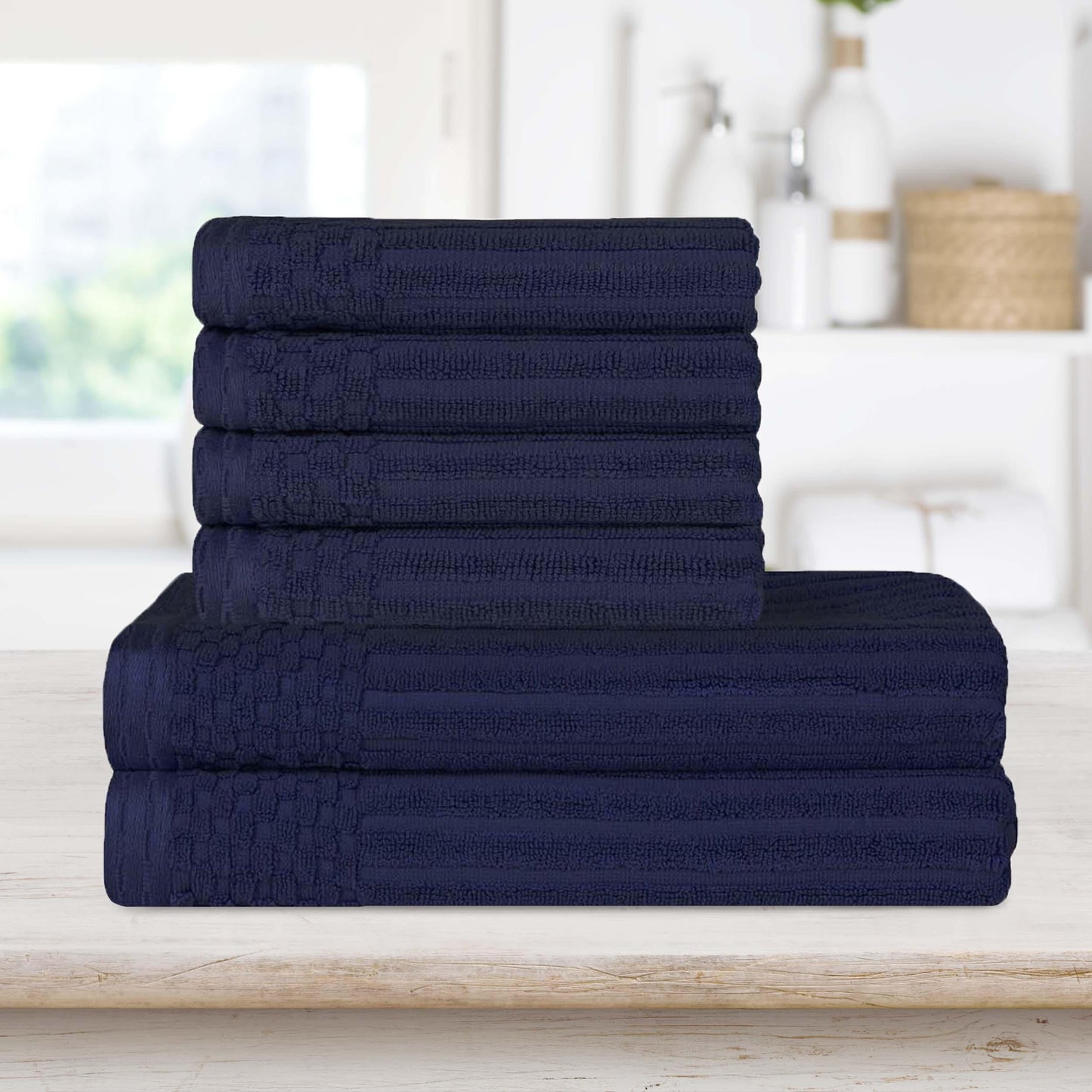 Superior Soho Ribbed Textured Cotton Ultra-Absorbent Hand and Bath Towel Set - Navy Blue