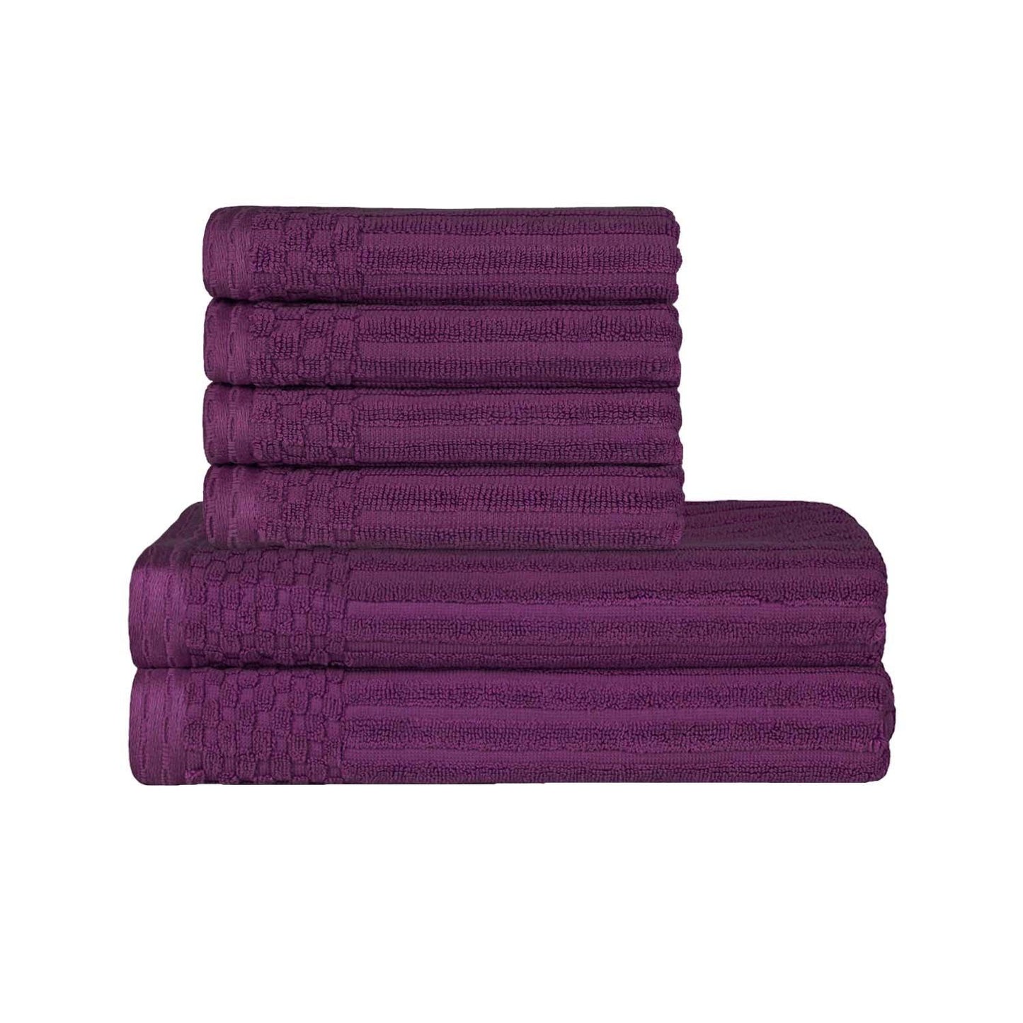 Superior Soho Ribbed Textured Cotton Ultra-Absorbent Hand and Bath Towel Set - Plum
