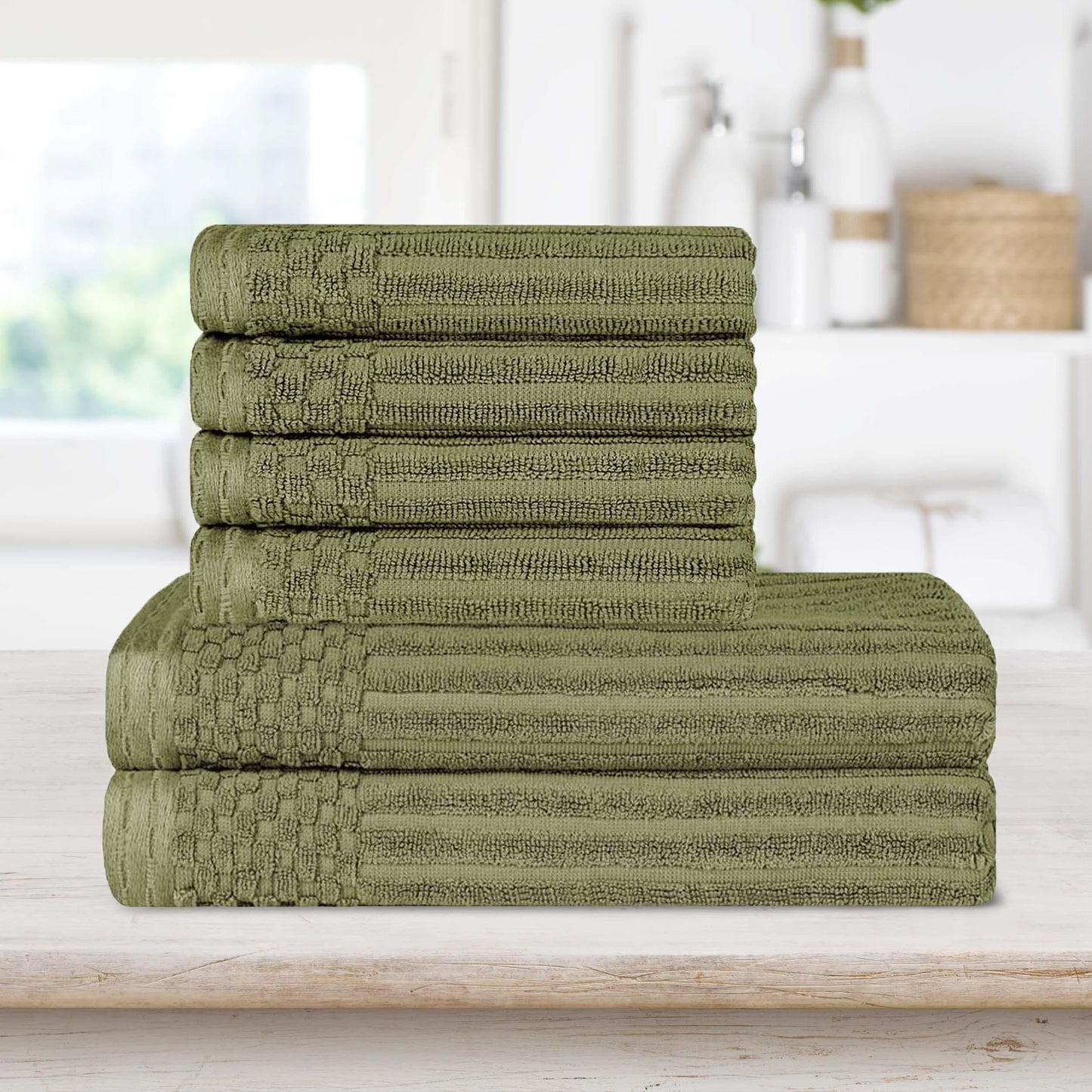 Superior Soho Ribbed Textured Cotton Ultra-Absorbent Hand and Bath Towel Set - Sage