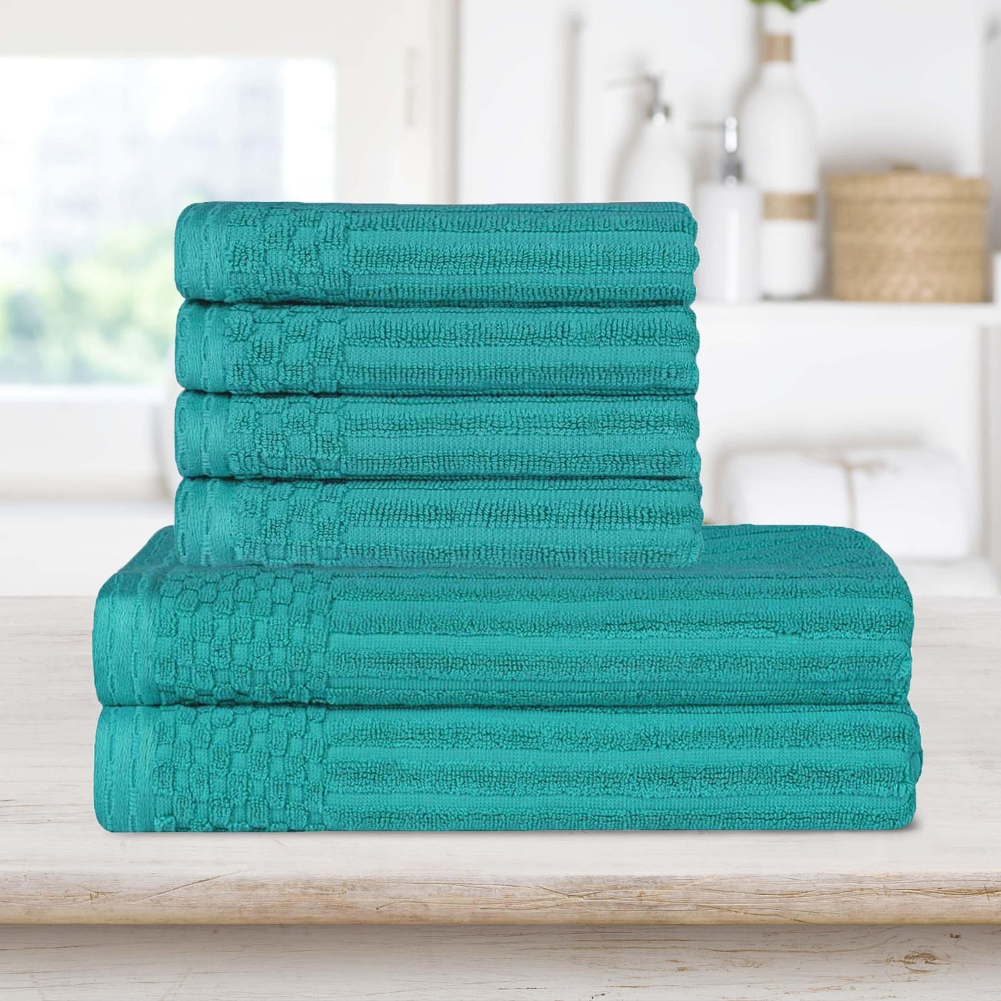 Superior Soho Ribbed Textured Cotton Ultra-Absorbent Hand and Bath Towel Set - Turquoise