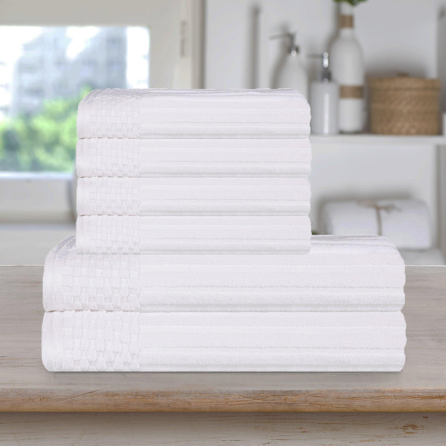 Superior Soho Ribbed Textured Cotton Ultra-Absorbent Hand and Bath Towel Set - White