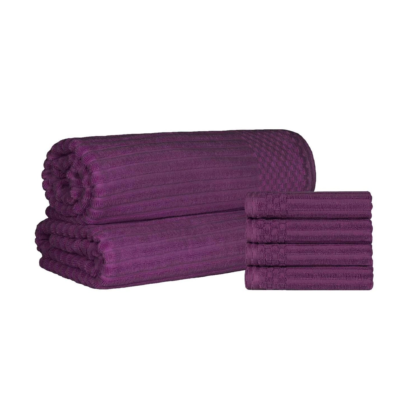 Superior Soho Ribbed Textured Cotton Ultra-Absorbent Hand Towel and Bath Sheet Set - Plum