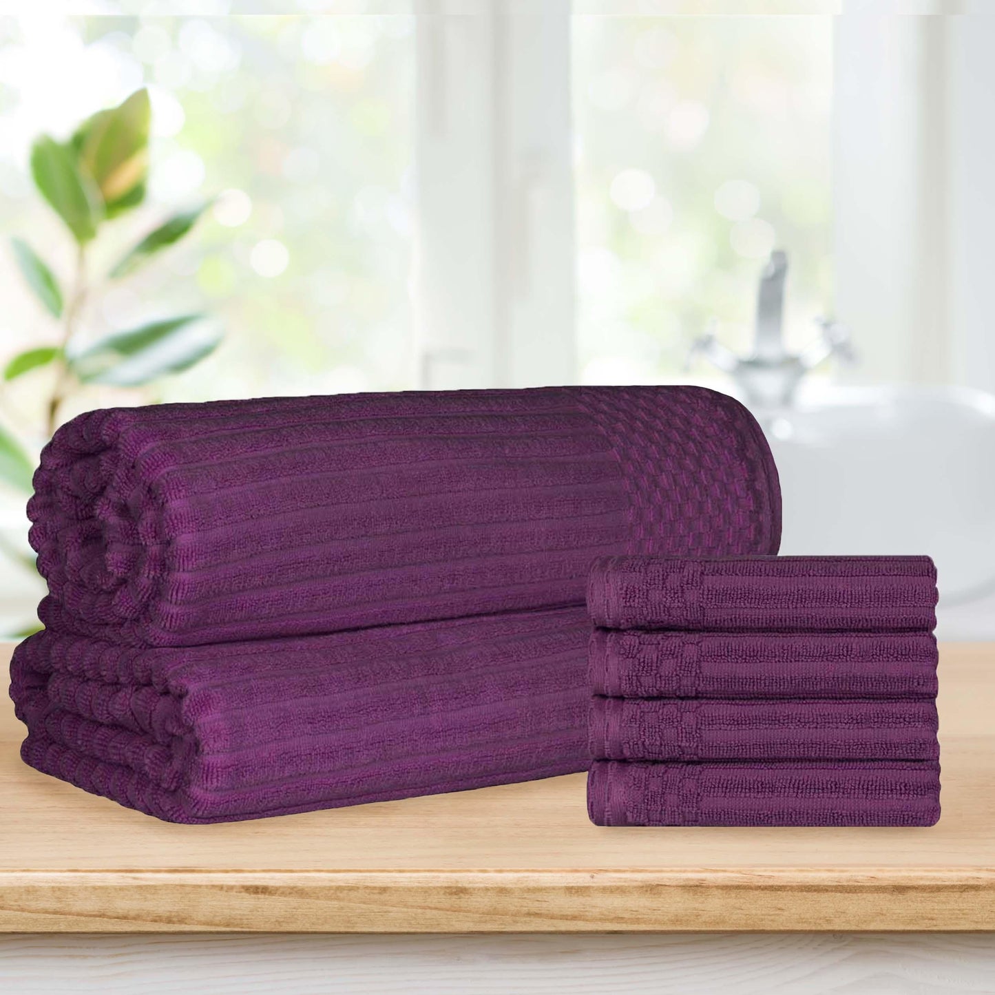 Superior Soho Ribbed Textured Cotton Ultra-Absorbent Hand Towel and Bath Sheet Set - Plum