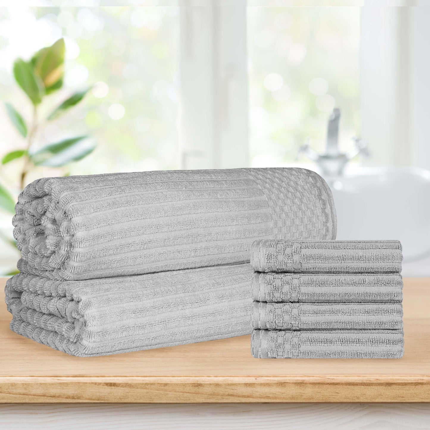 Superior Soho Ribbed Textured Cotton Ultra-Absorbent Hand Towel and Bath Sheet Set - Silver