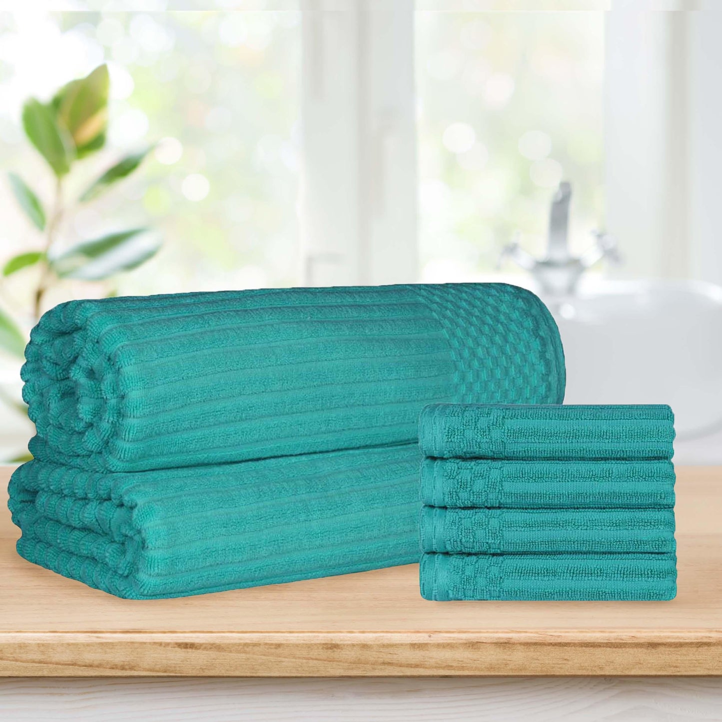 Superior Soho Ribbed Textured Cotton Ultra-Absorbent Hand Towel and Bath Sheet Set - Turquoise