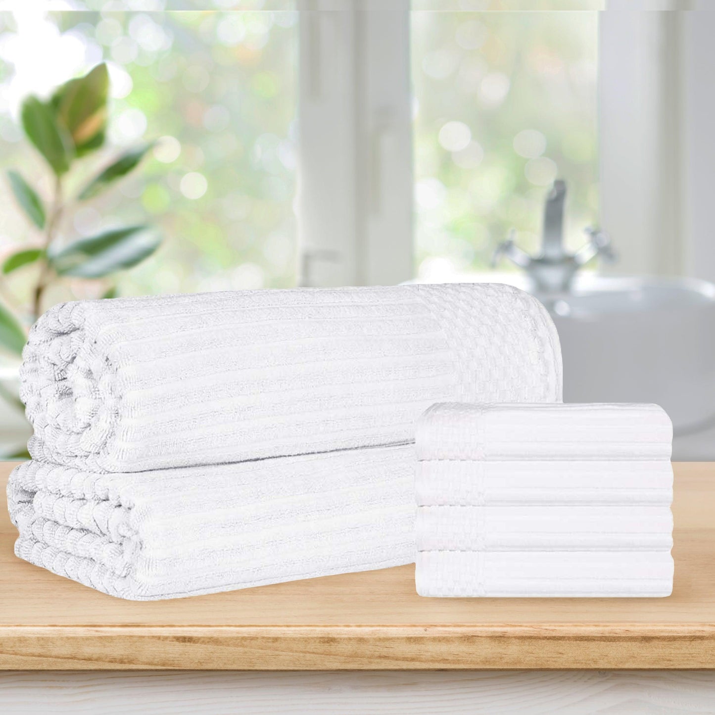 Superior Soho Ribbed Textured Cotton Ultra-Absorbent Hand Towel and Bath Sheet Set - White