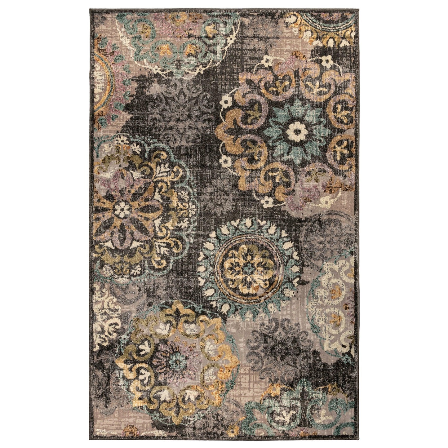 Superior Ceyone Distressed Floral Medallion Area Rug - Charcoal