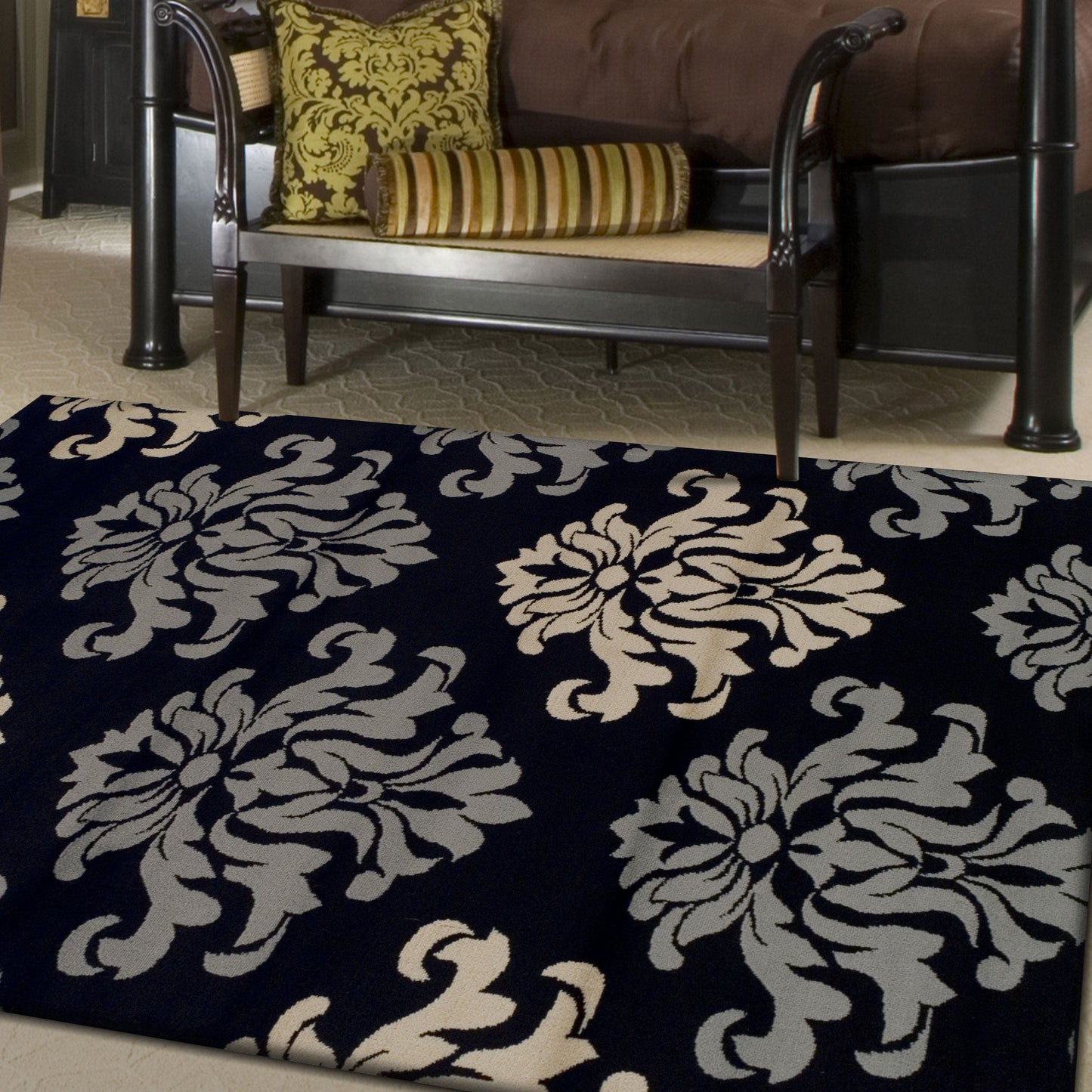 Superior Casper Damask Floral Area Rug - Black