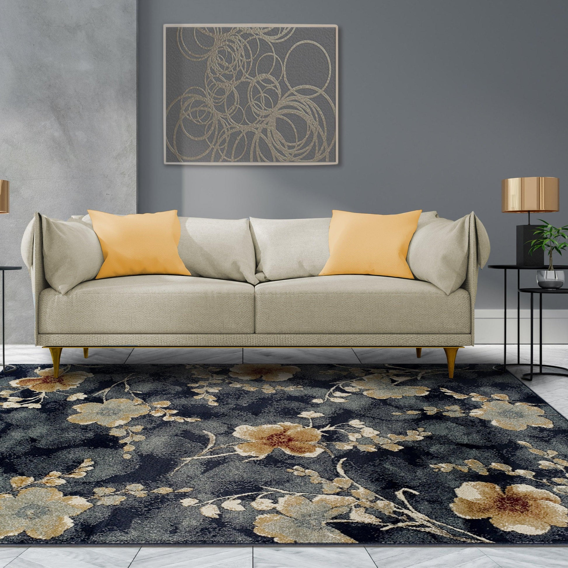 Superior Fiore Modern Oriental Floral Area Rug - Navy Blue
