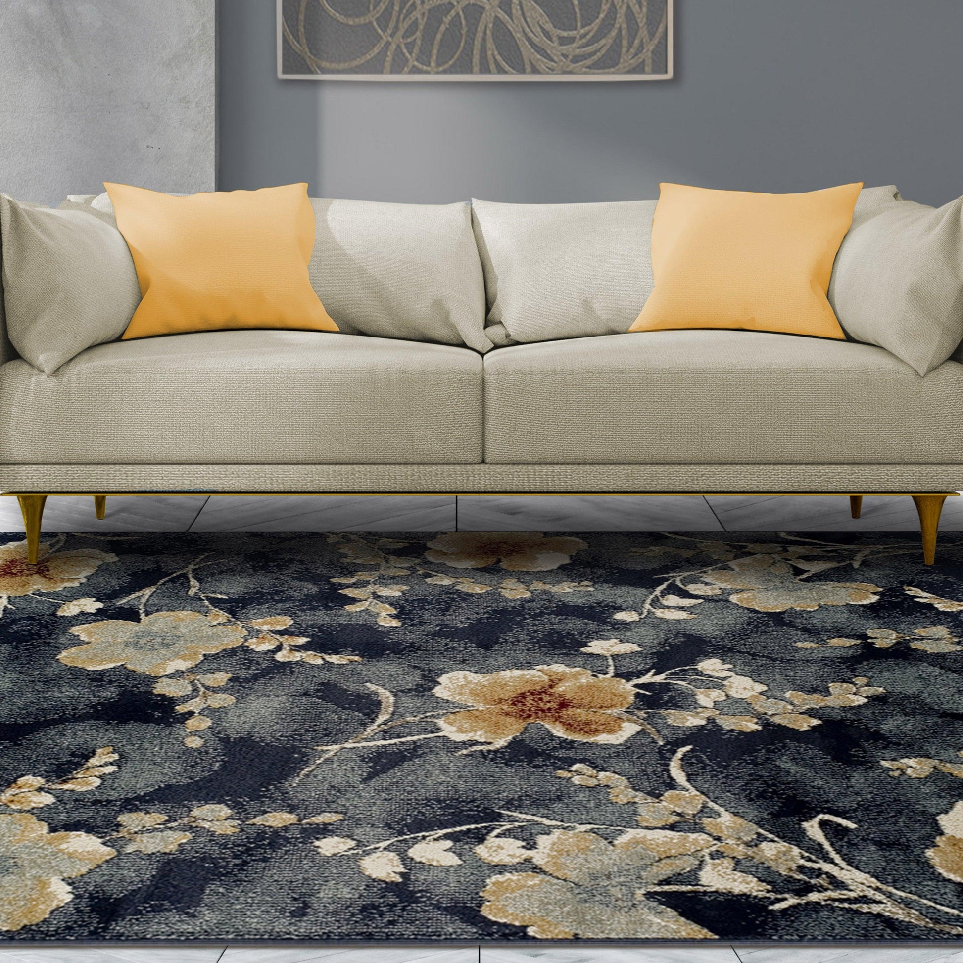 Superior Fiore Modern Oriental Floral Area Rug - Navy Blue