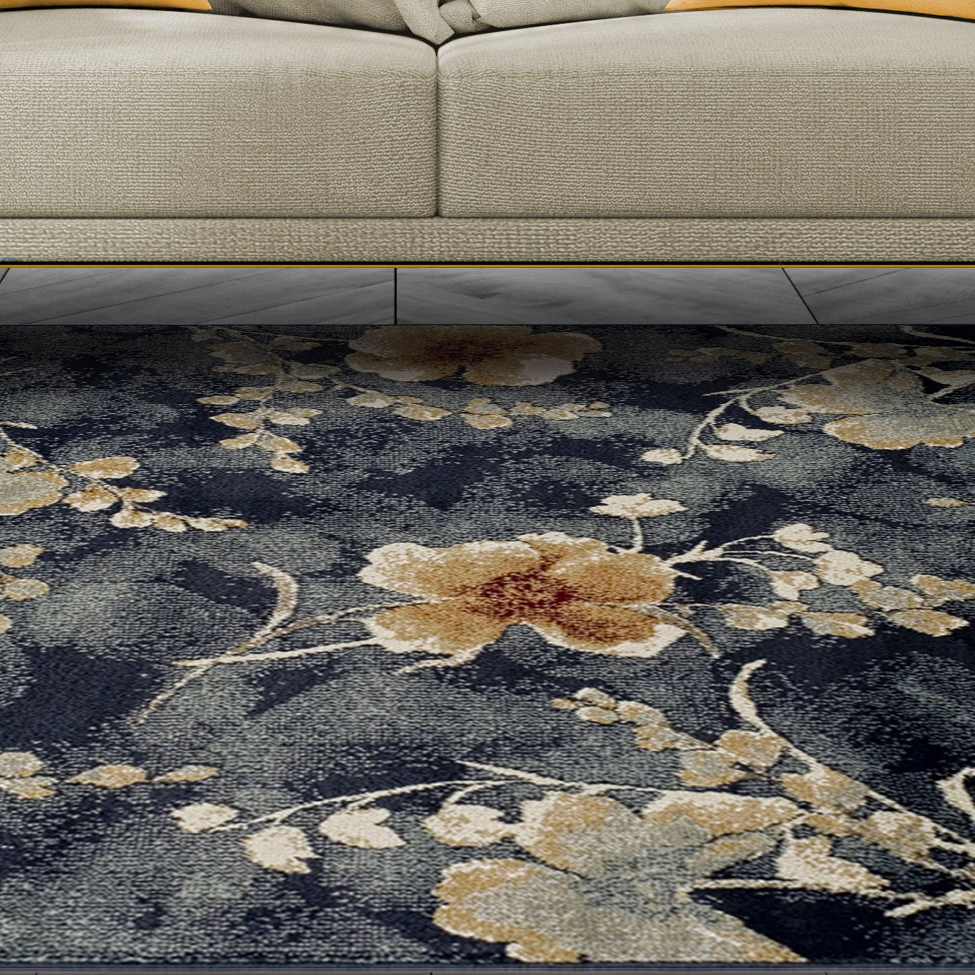 Superior Fiore Modern Oriental Floral Area Rug - Navy Blue