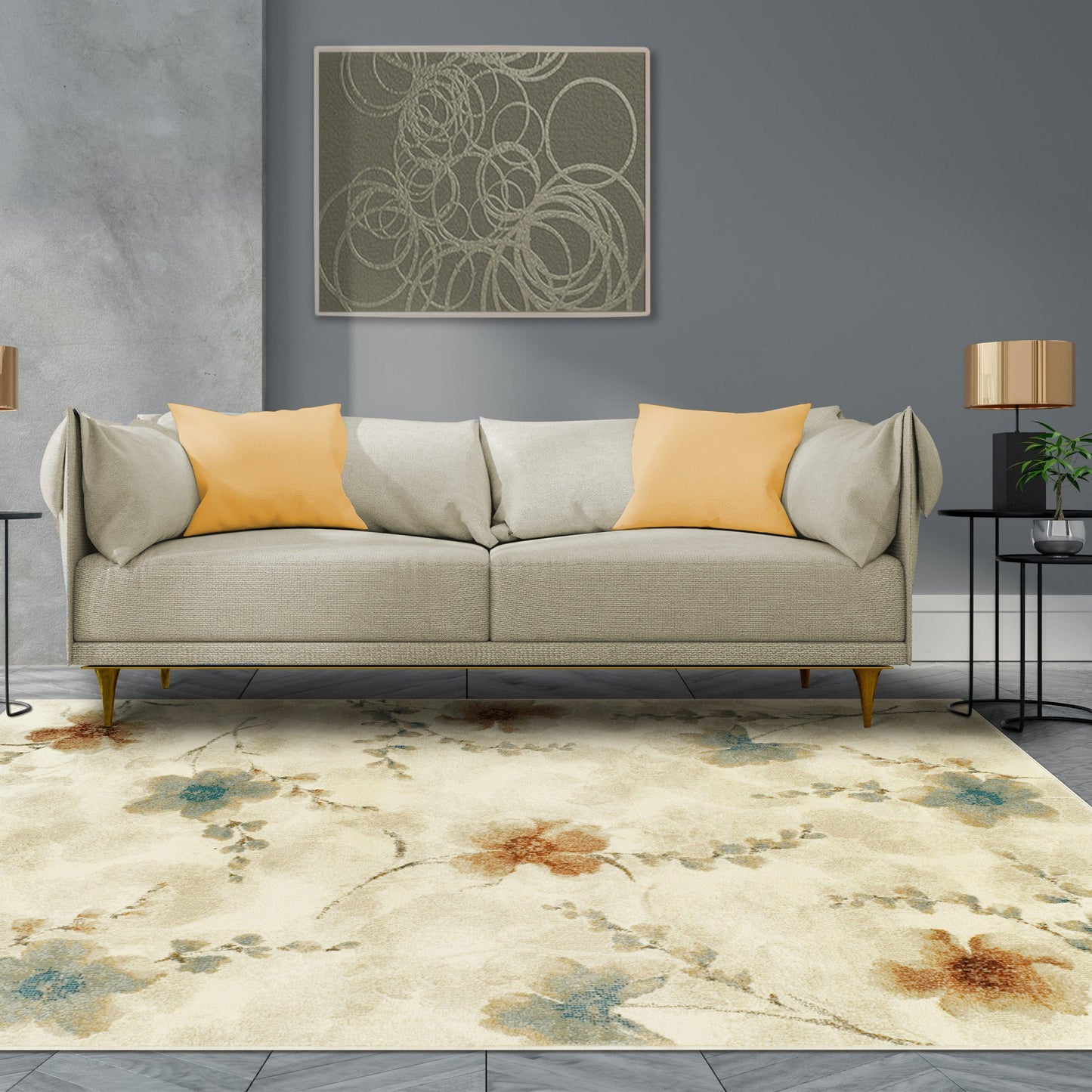 Superior Fiore Modern Oriental Floral Area Rug - Stone