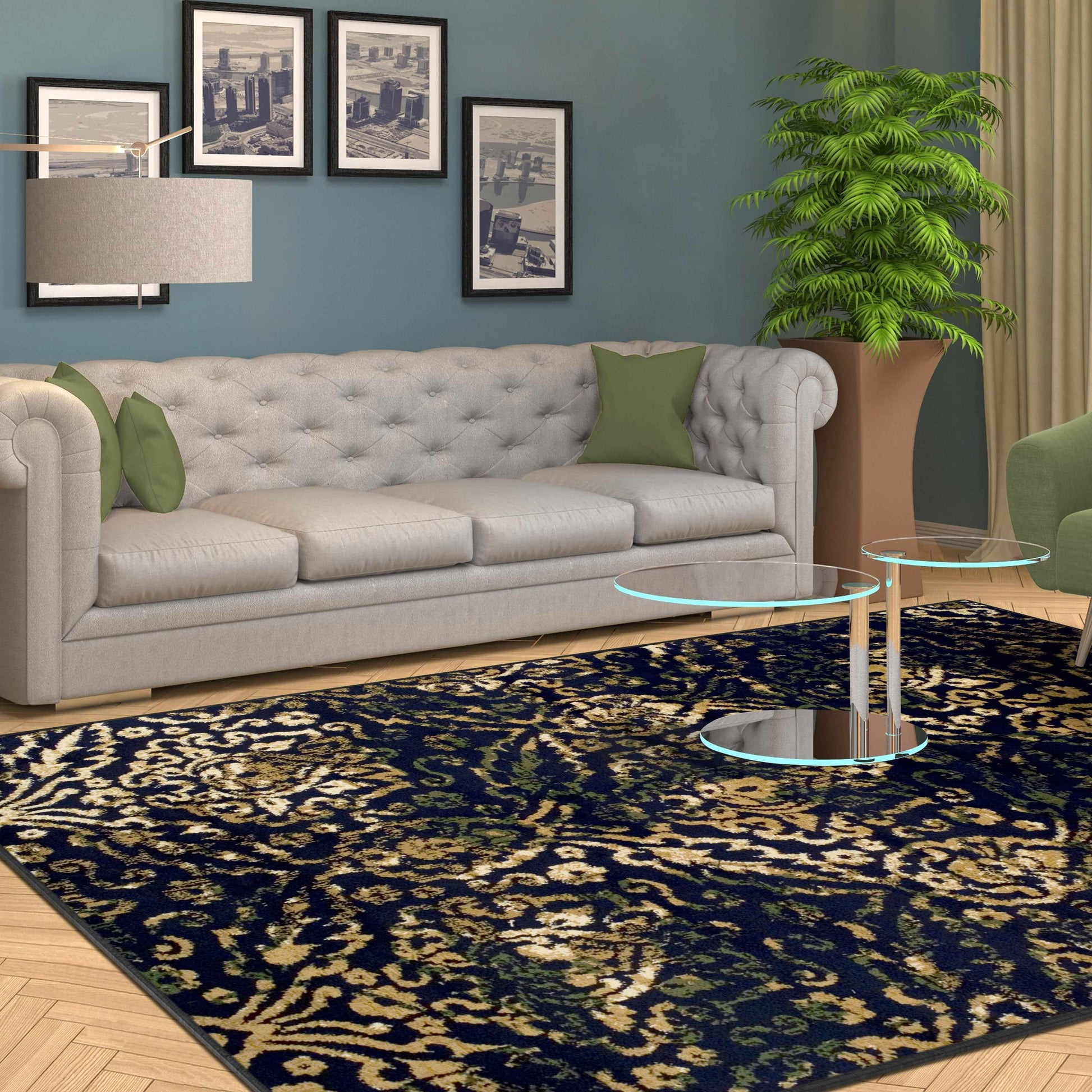 Superior Northman Damask Contemporary Area Rug - Navy Blue