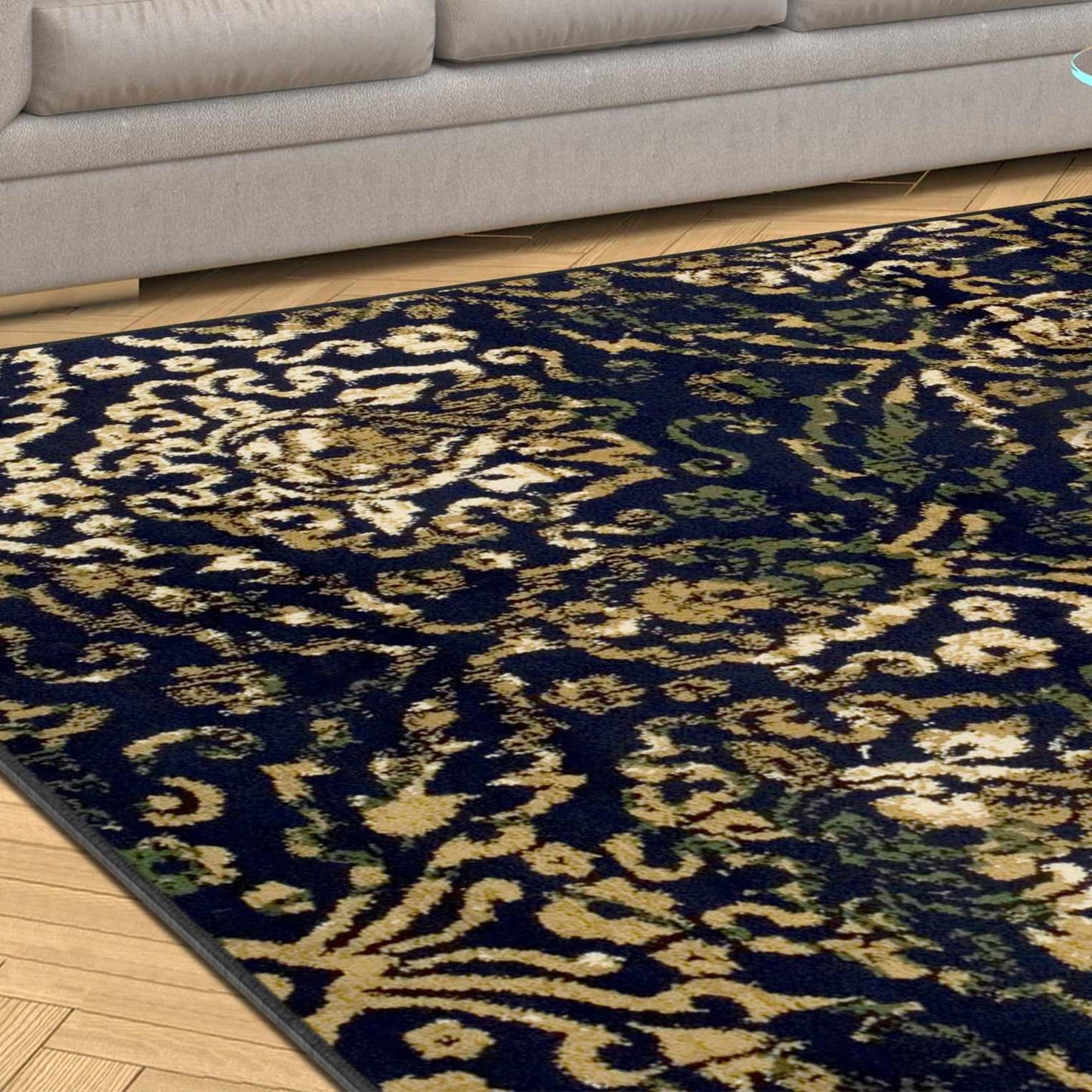 Superior Northman Damask Contemporary Area Rug - Navy Blue