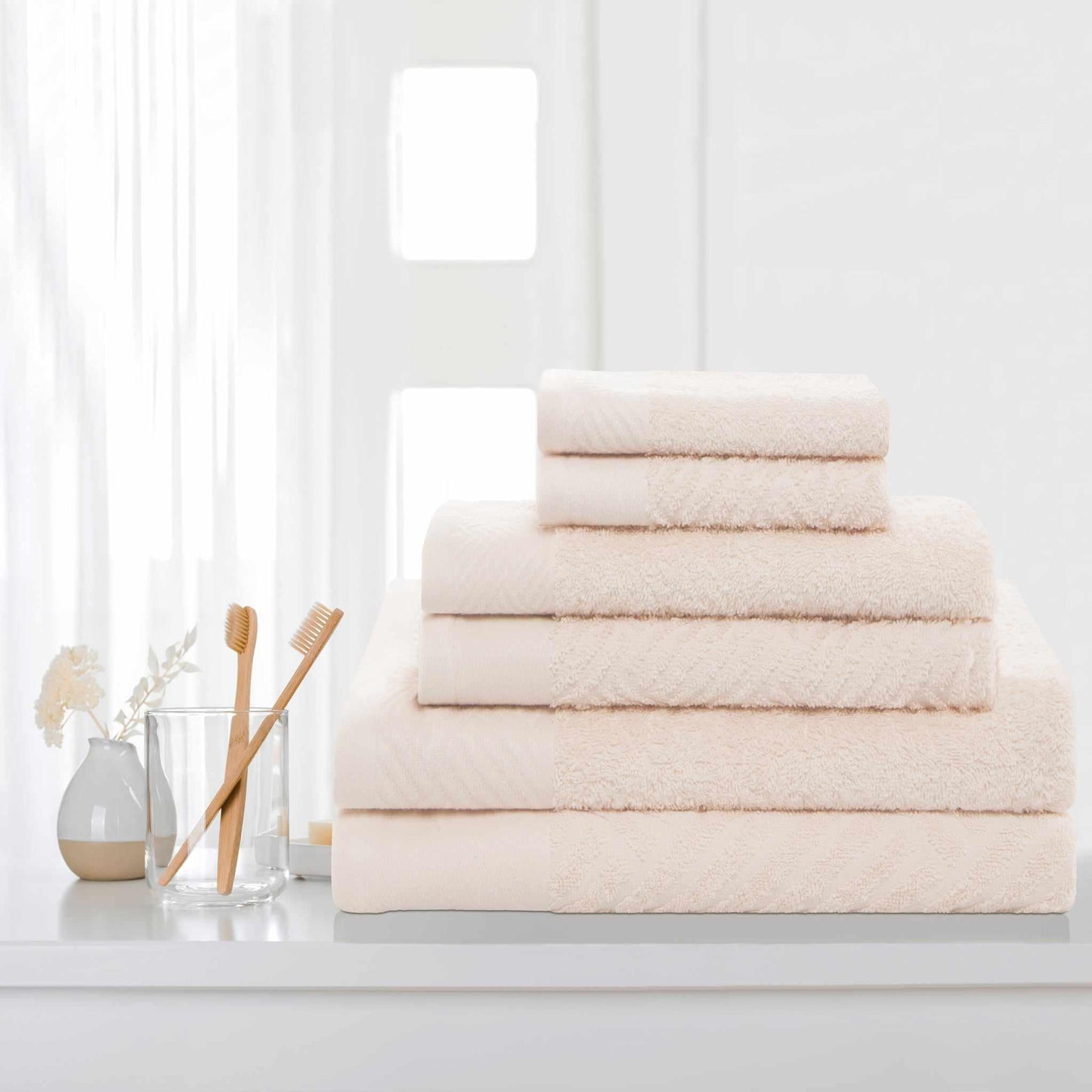 Egyptian Cotton Medium Weight Basket Weave 6 Piece Bath Towel Set - Ivory