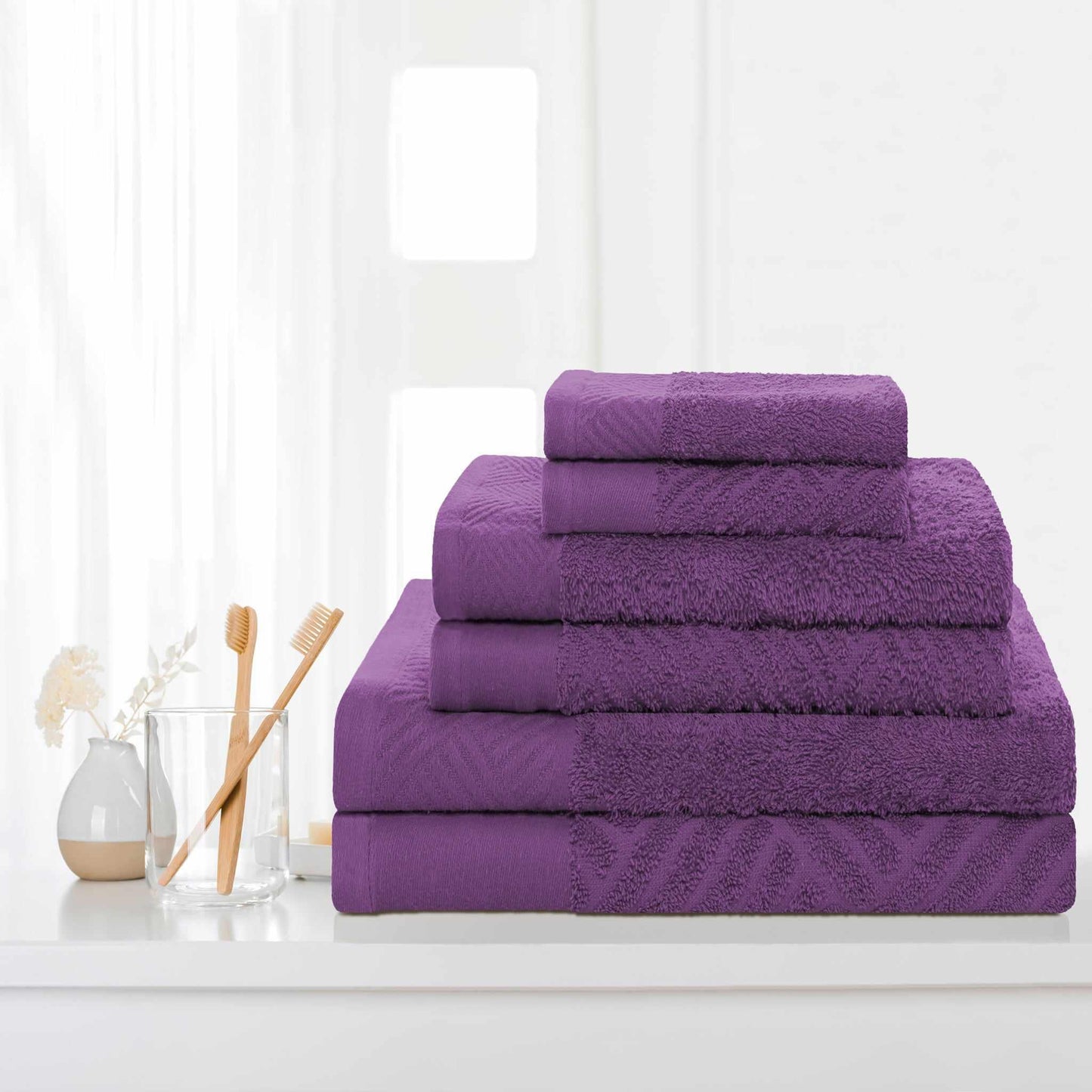 Egyptian Cotton Medium Weight Basket Weave 6 Piece Bath Towel Set - Majestic Purple