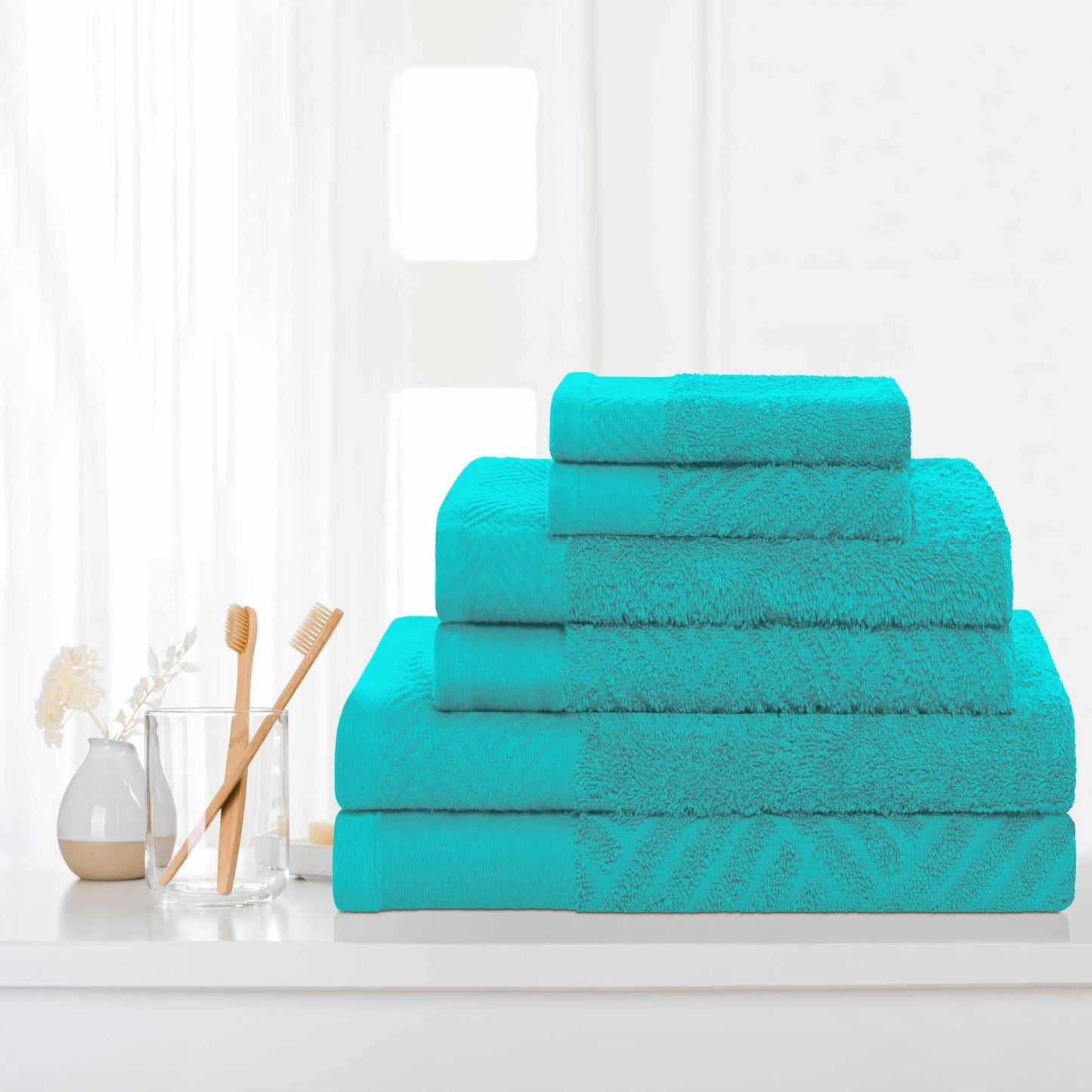 Egyptian Cotton Medium Weight Basket Weave 6 Piece Bath Towel Set - Turquoise