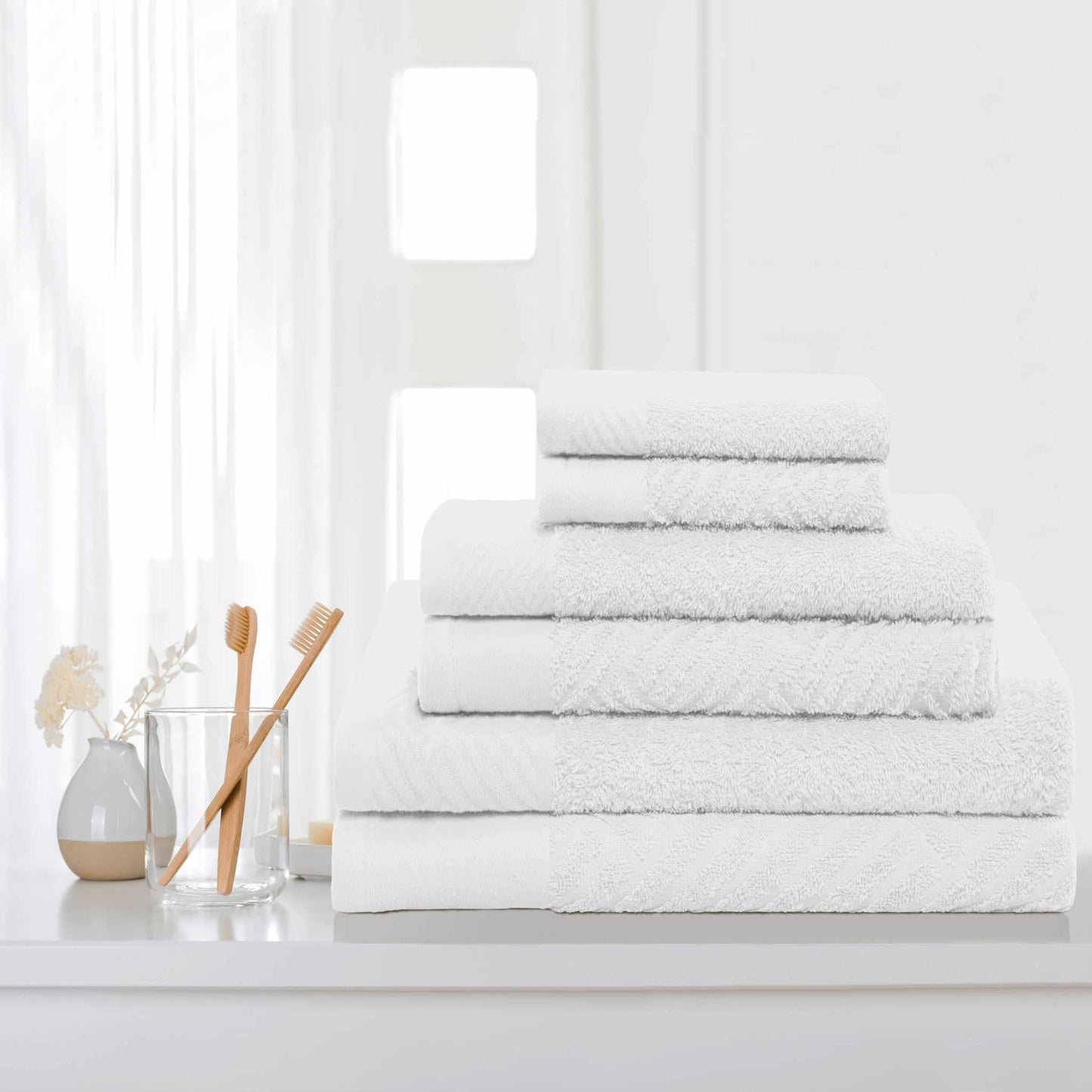 Egyptian Cotton Medium Weight Basket Weave 6 Piece Bath Towel Set - White