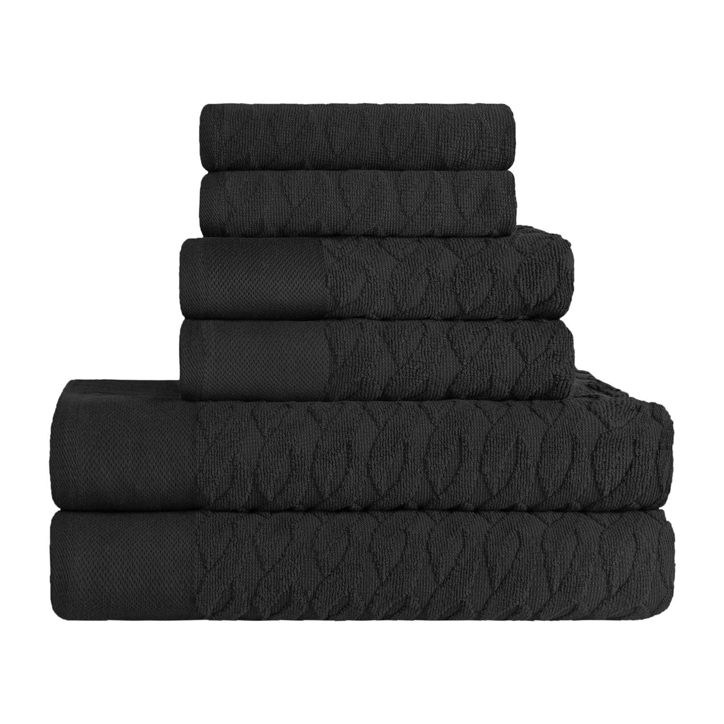 Premium Turkish Cotton Herringbone Jacquard Assorted 6-Piece Towel Set - Black