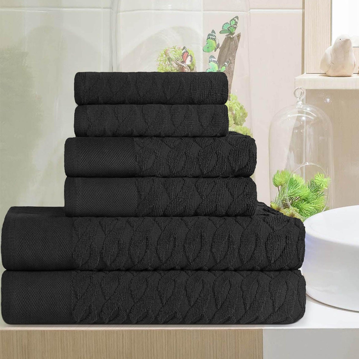 Premium Turkish Cotton Herringbone Jacquard Assorted 6-Piece Towel Set - Black