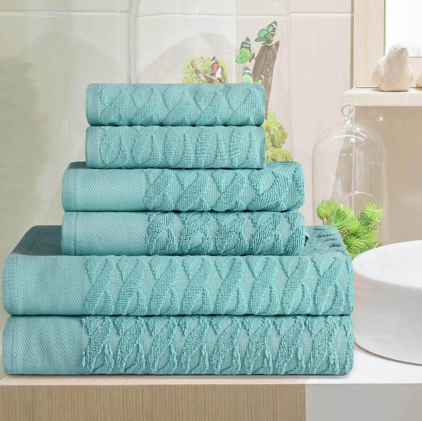 Premium Turkish Cotton Herringbone Jacquard Assorted 6-Piece Towel Set - Cascade
