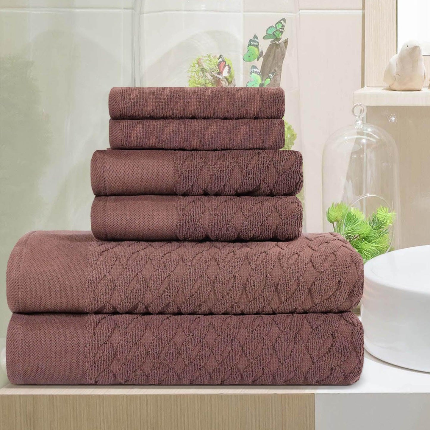 Premium Turkish Cotton Herringbone Jacquard Assorted 6-Piece Towel Set - Chocolate