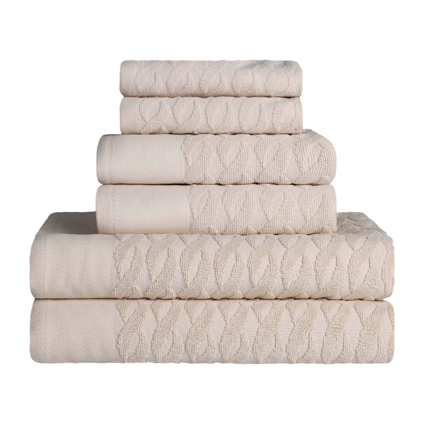 Premium Turkish Cotton Herringbone Jacquard Assorted 6-Piece Towel Set - Ivory