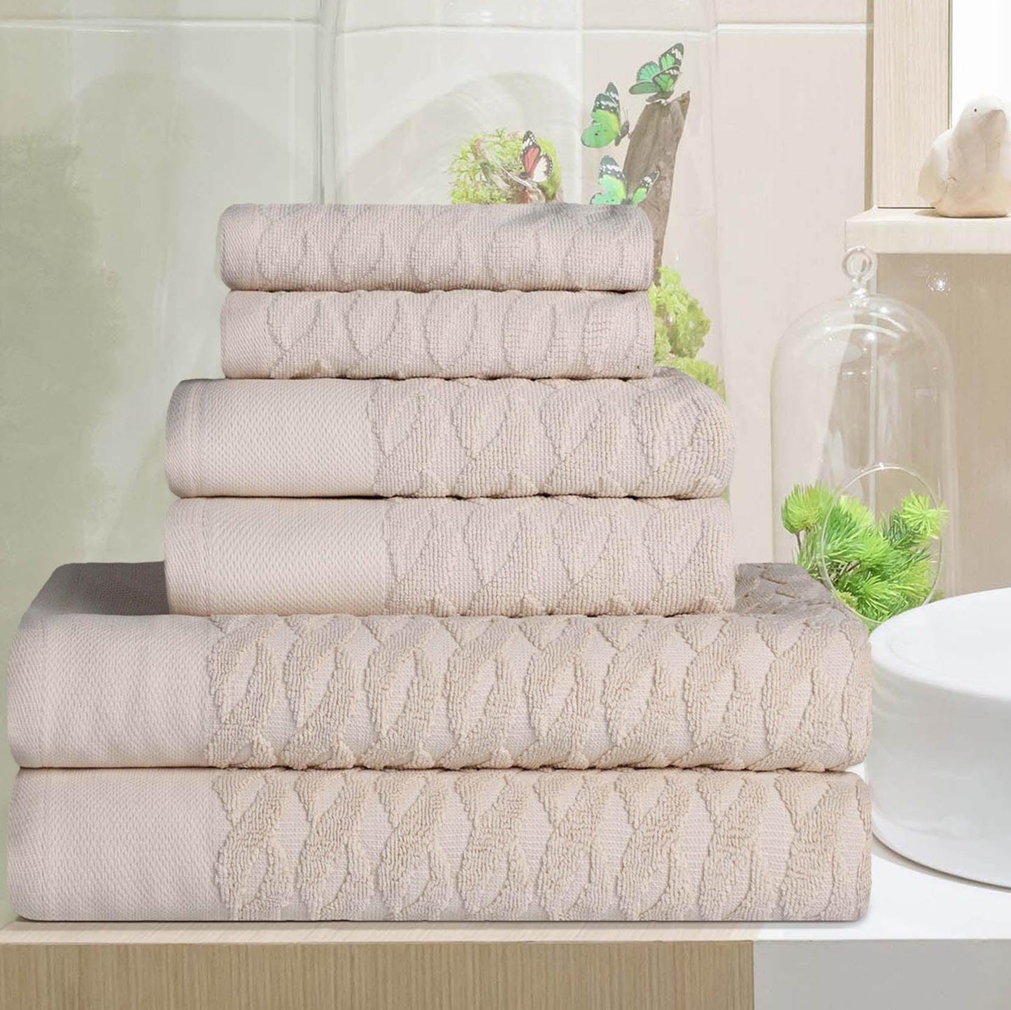 Premium Turkish Cotton Herringbone Jacquard Assorted 6-Piece Towel Set - Ivory