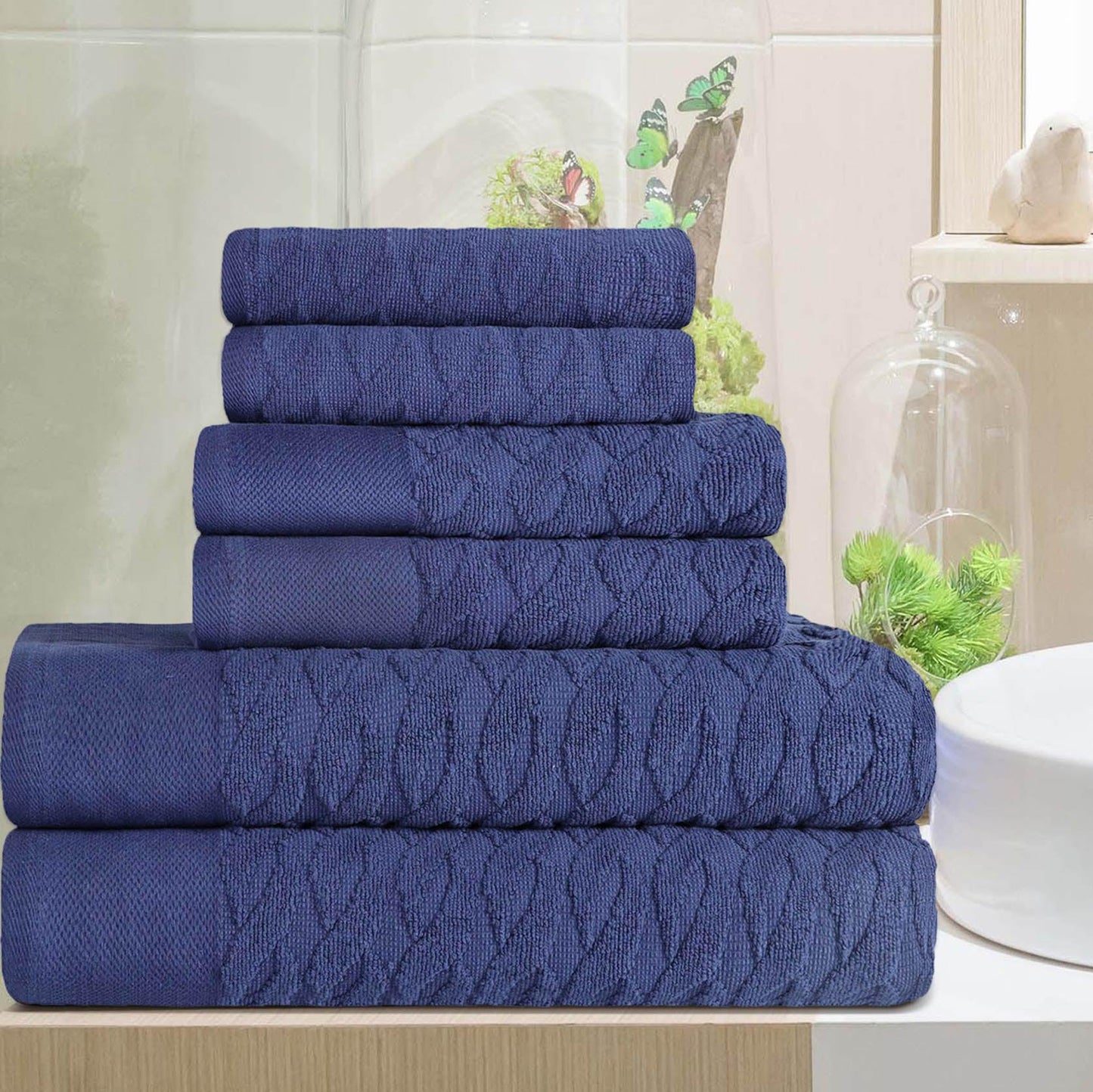 Premium Turkish Cotton Herringbone Jacquard Assorted 6-Piece Towel Set - Navy Blue