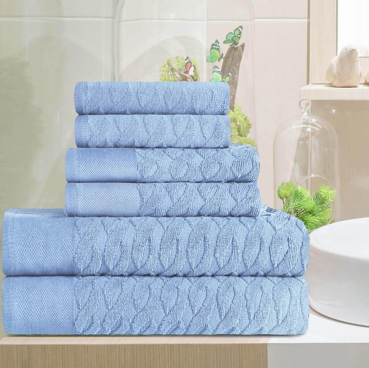 Premium Turkish Cotton Herringbone Jacquard Assorted 6-Piece Towel Set - Pacific Blue